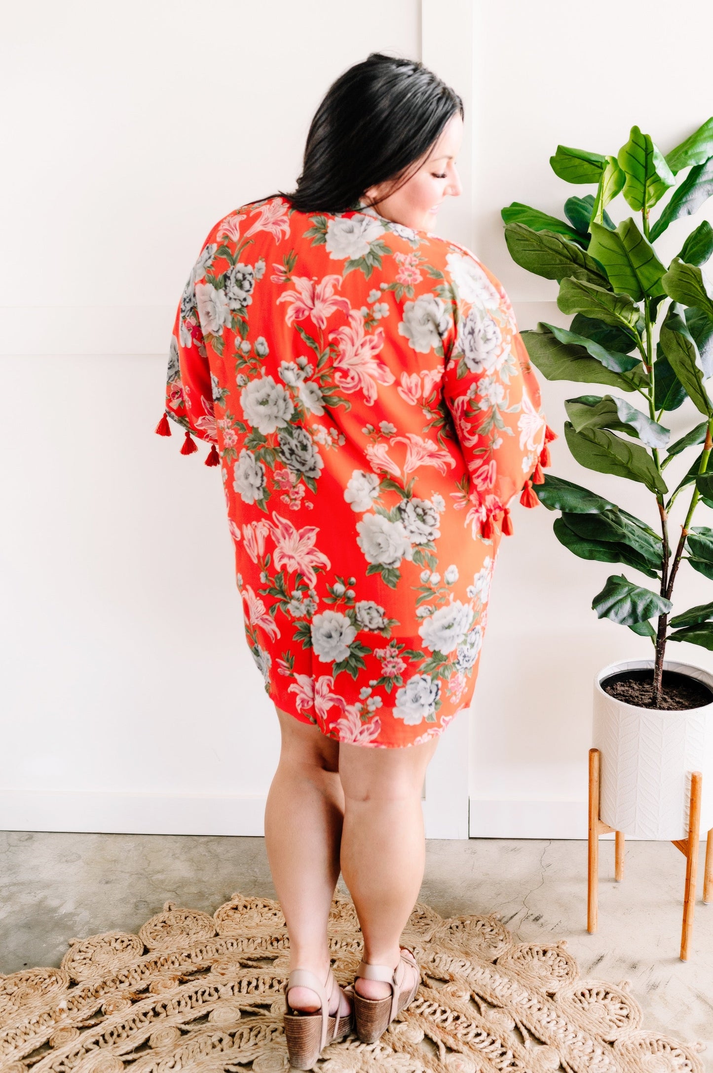 Tassel Sleeve Kimono In Orange Florals