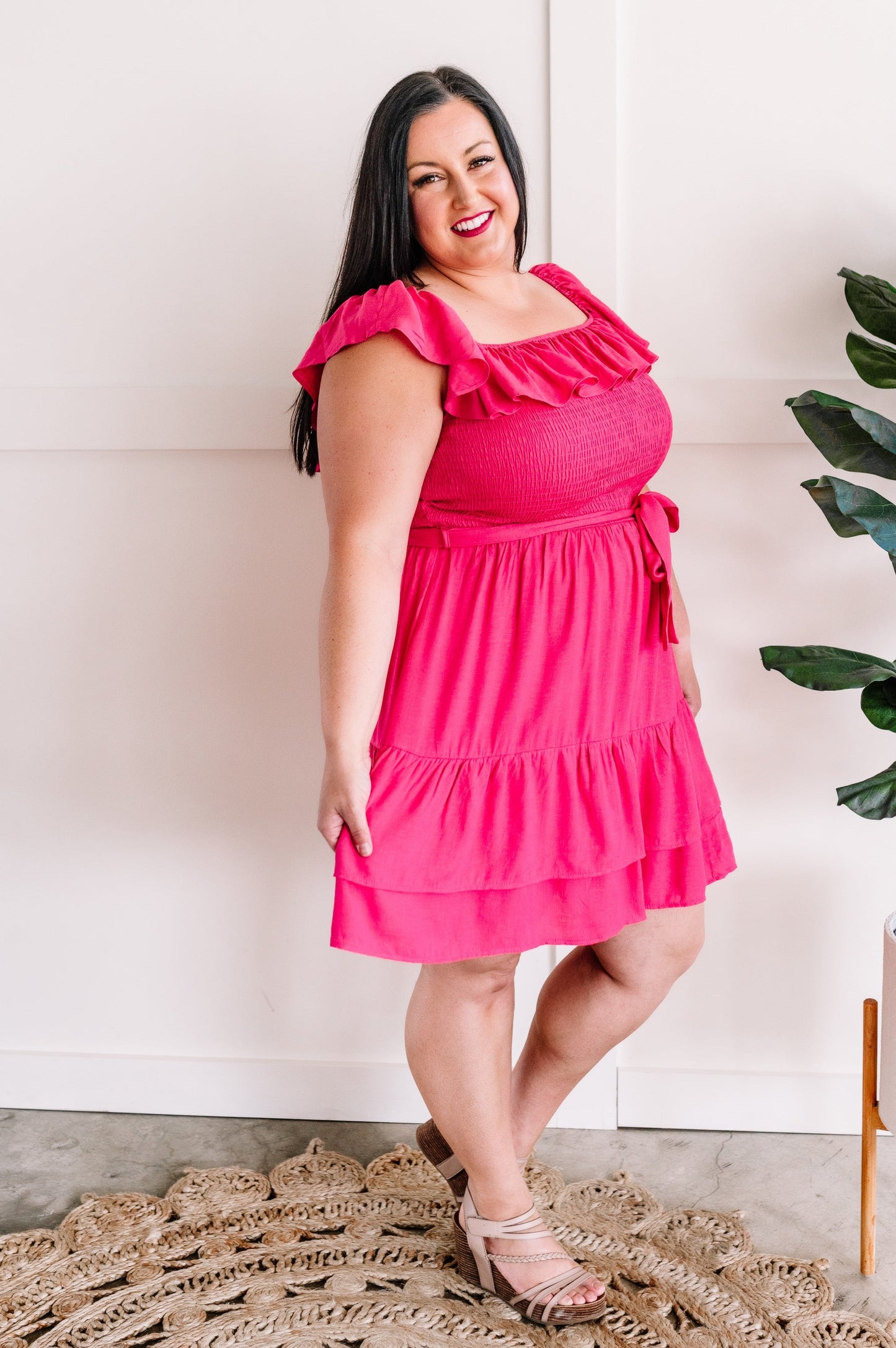 Tiered Smocked Dress With Belt In Spanish Pink