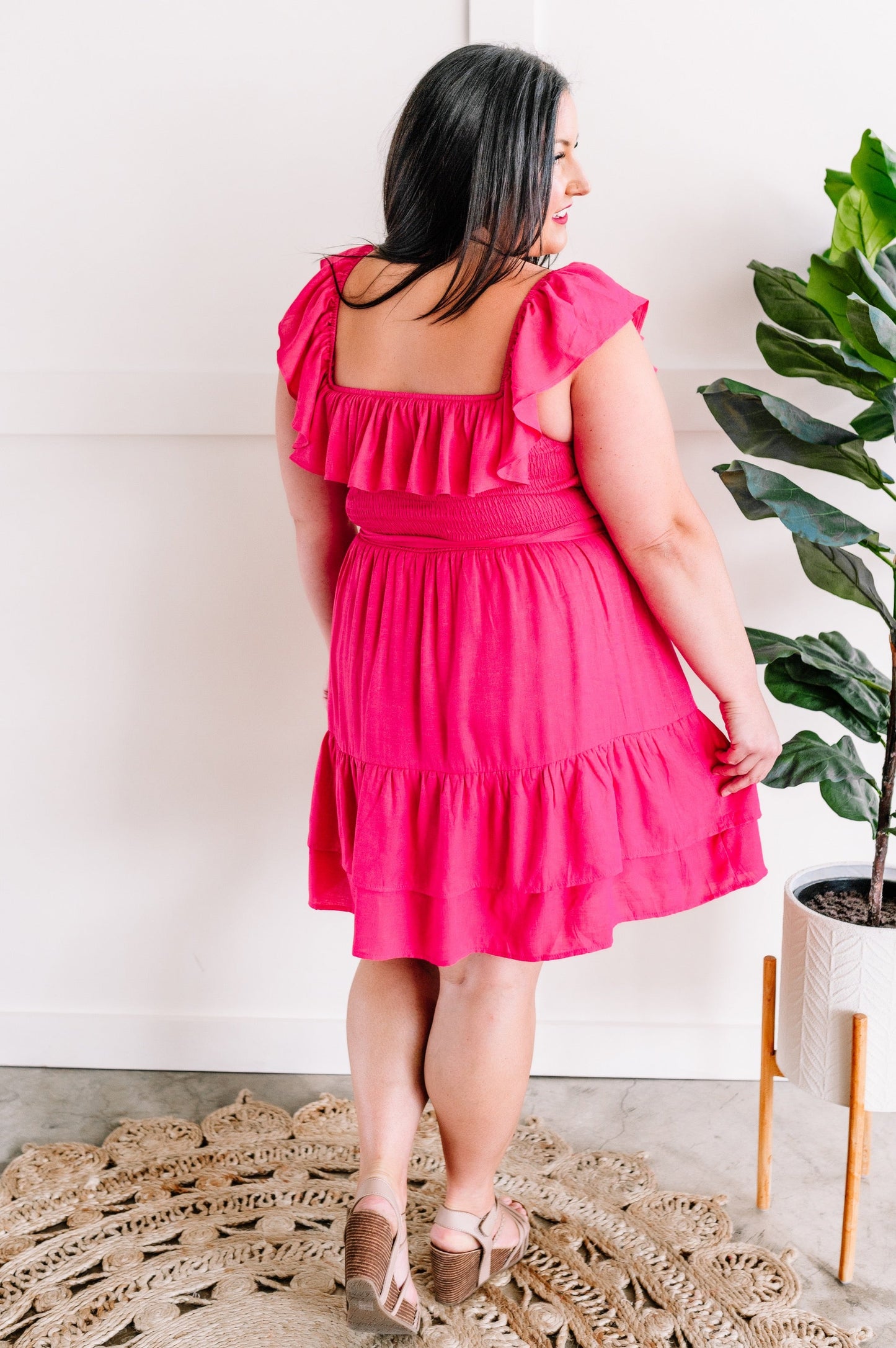 Tiered Smocked Dress With Belt In Spanish Pink