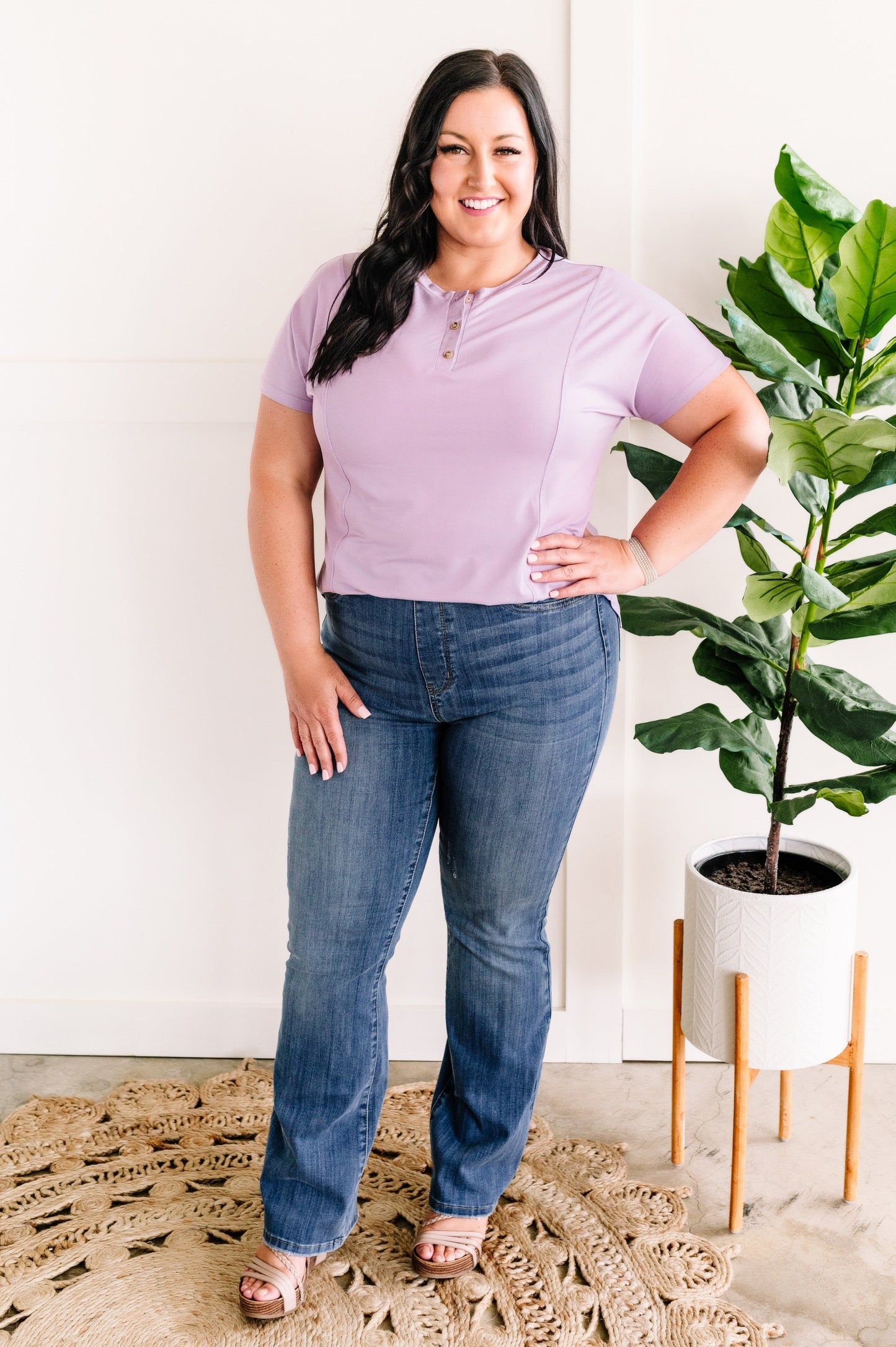 Simple Lines Button Henley Top In Lavender