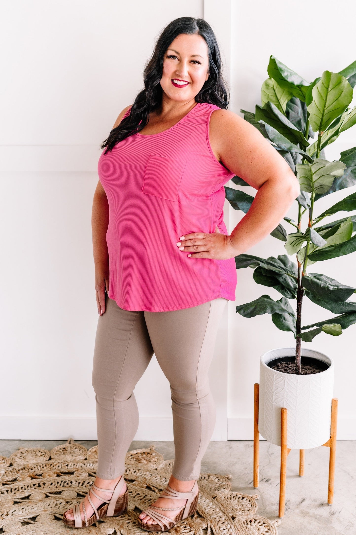 Soft Ribbed Top In Bright Pink
