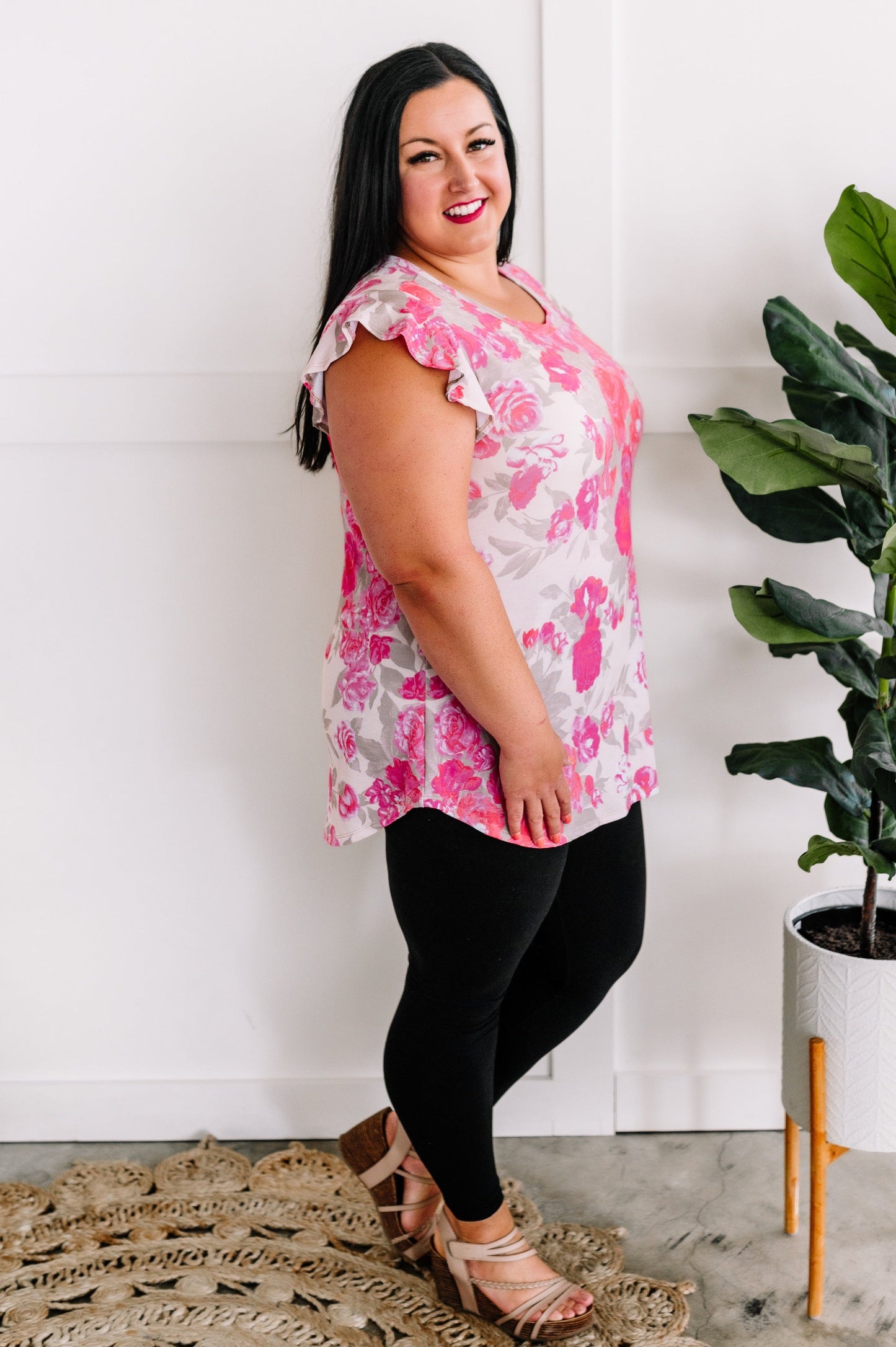Ruffle Sleeve Top In Rose Florals