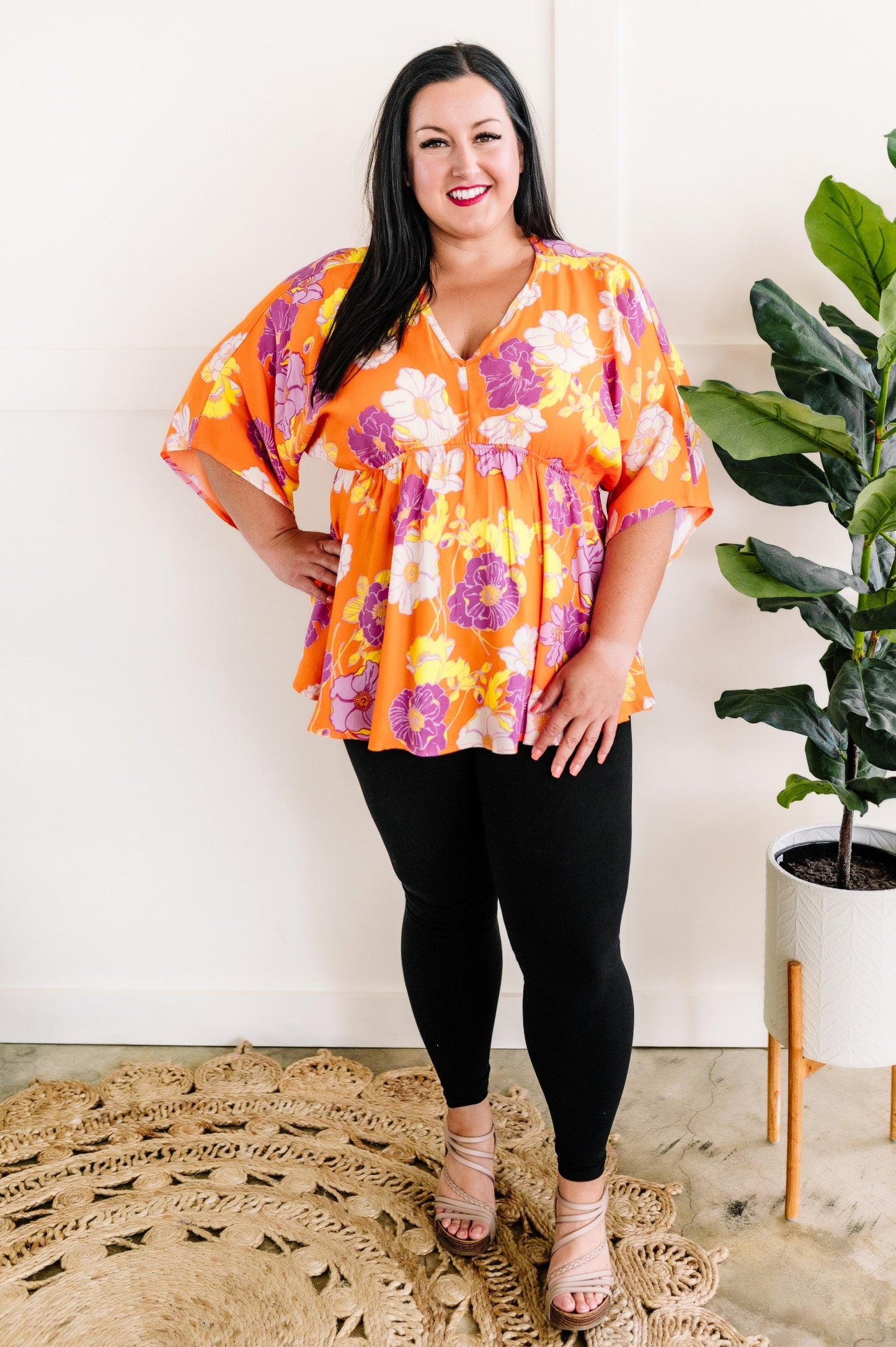Tropical Orange Floral Dolman Sleeve Blouse