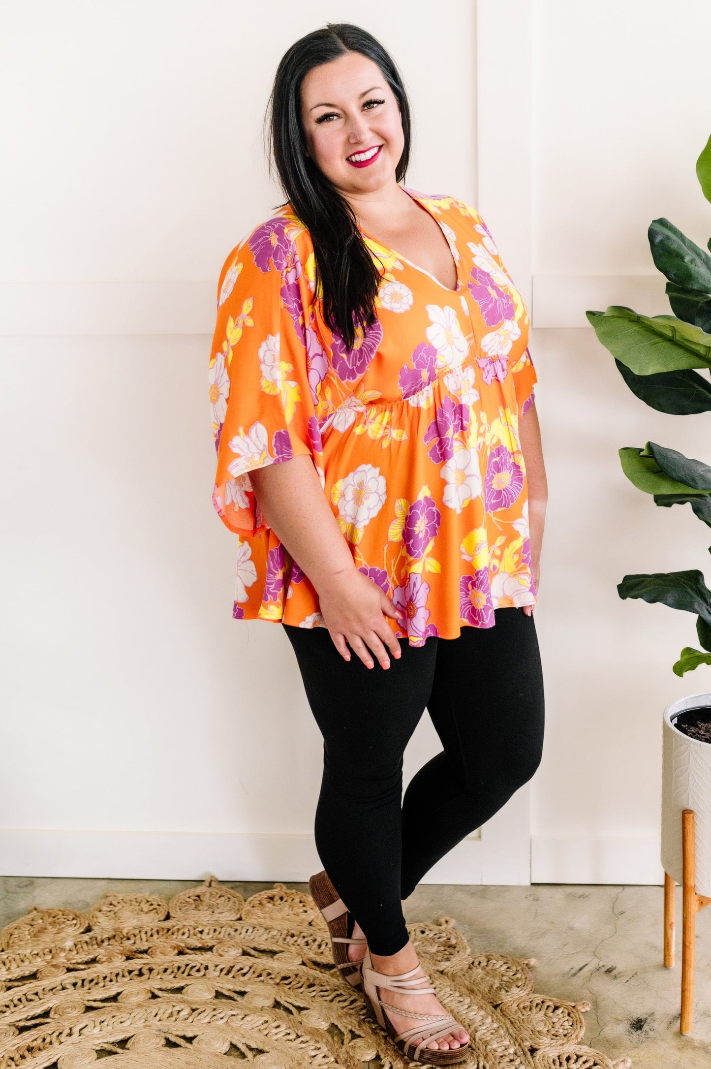 Tropical Orange Floral Dolman Sleeve Blouse