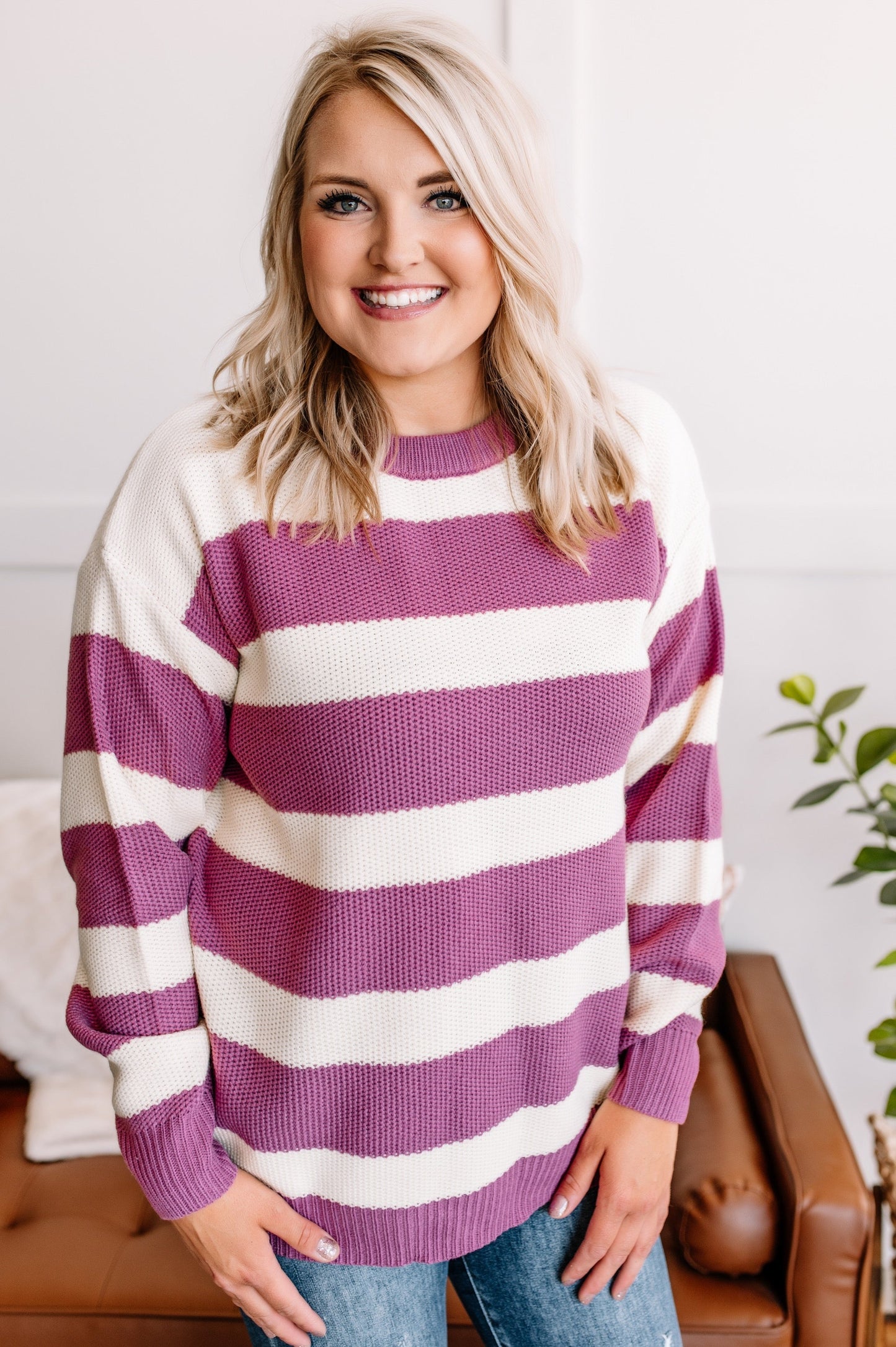 Striped Crewneck Sweater In Ivory & Radiant Lilac