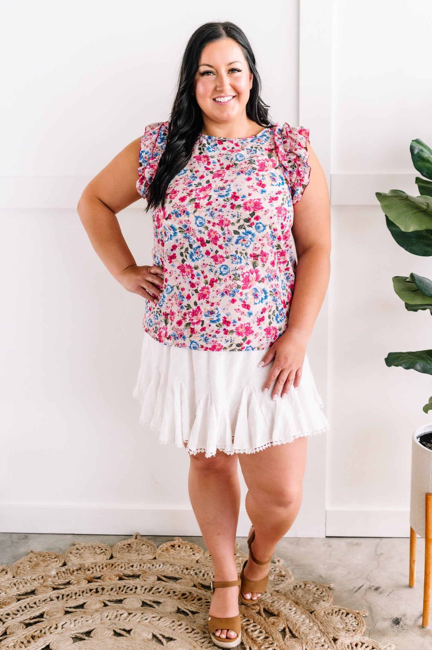 Ruffle Detail Floral Blouse In Pink & Blue
