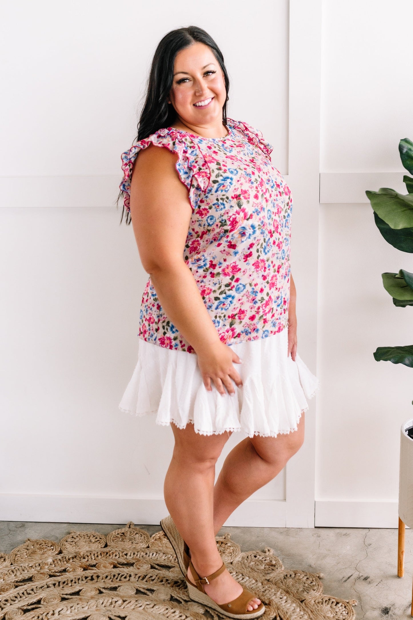 Ruffle Detail Floral Blouse In Pink & Blue