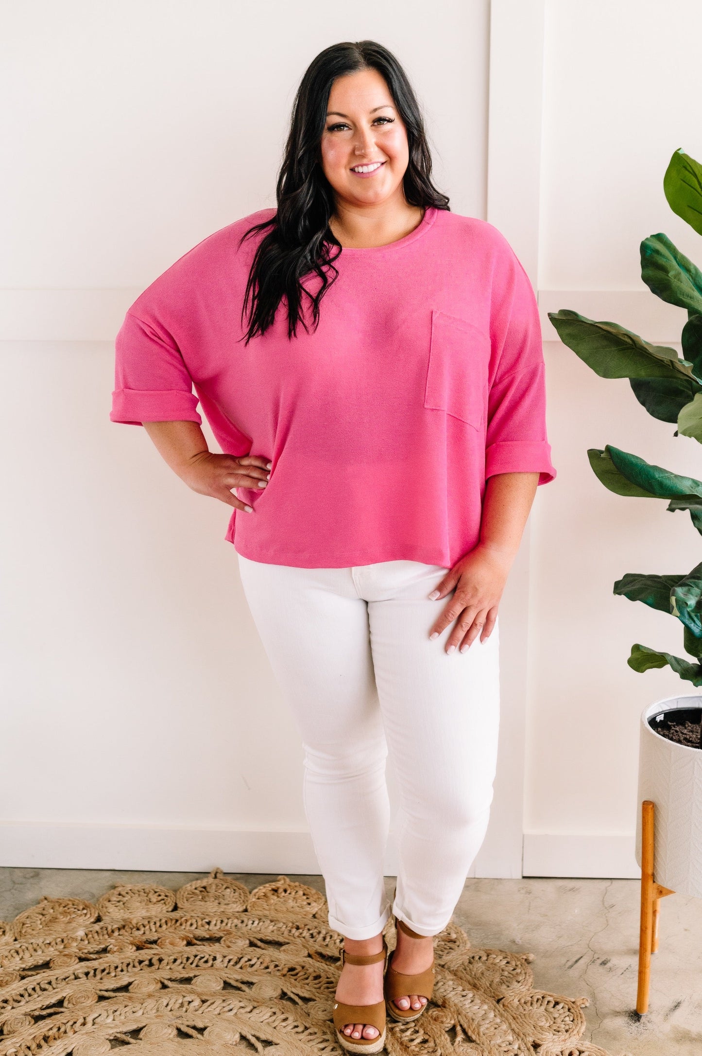 Oversized Knit Pocket Top In Bright Pink