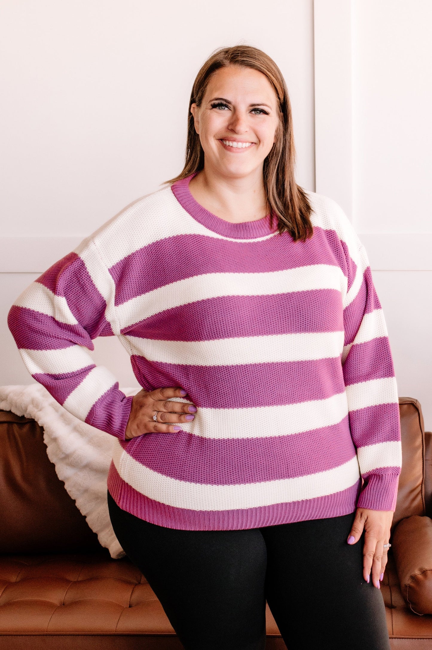 Striped Crewneck Sweater In Ivory & Radiant Lilac