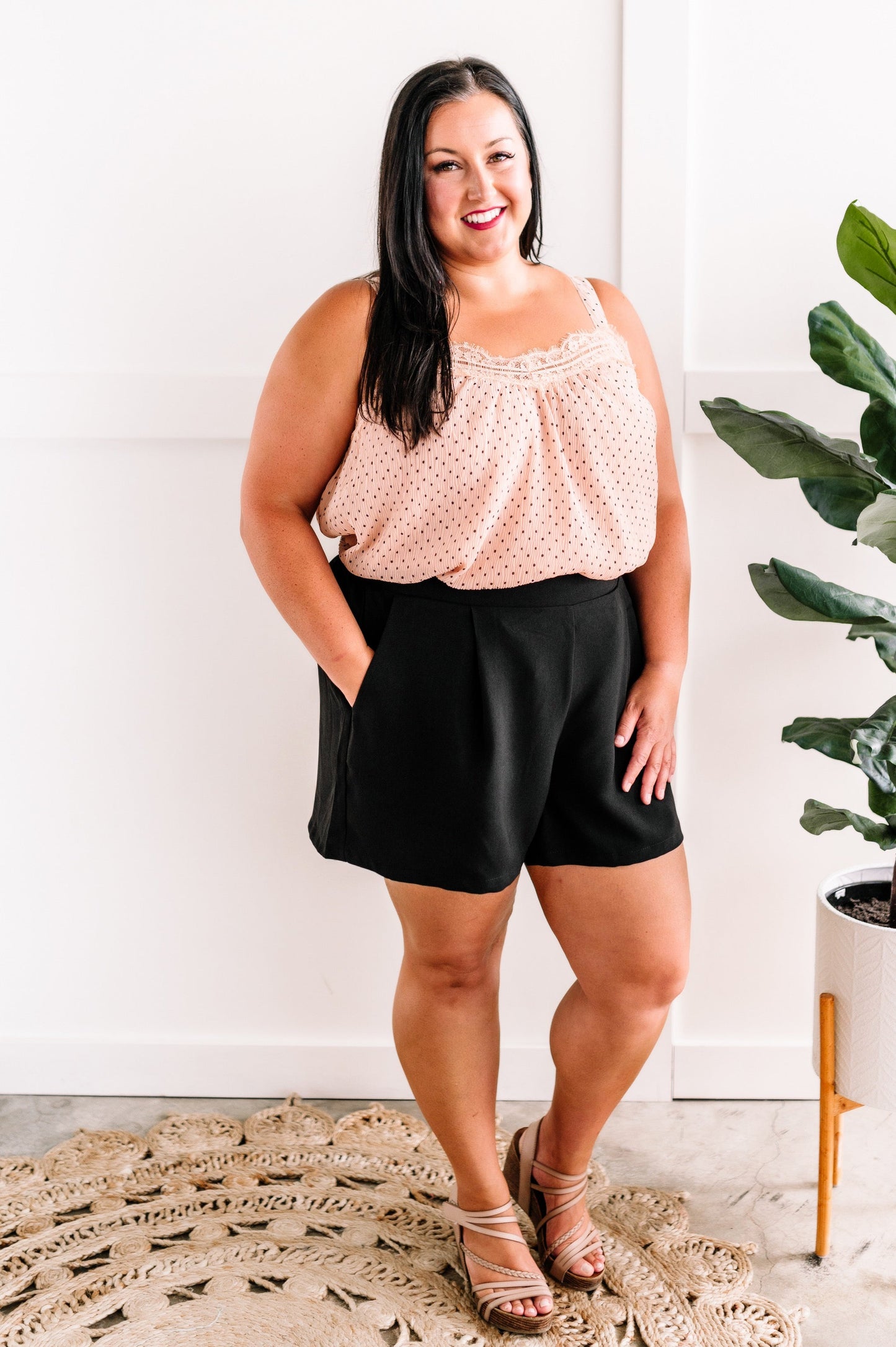 Polka Dot Cami With Lace Trim In Peachy Pink