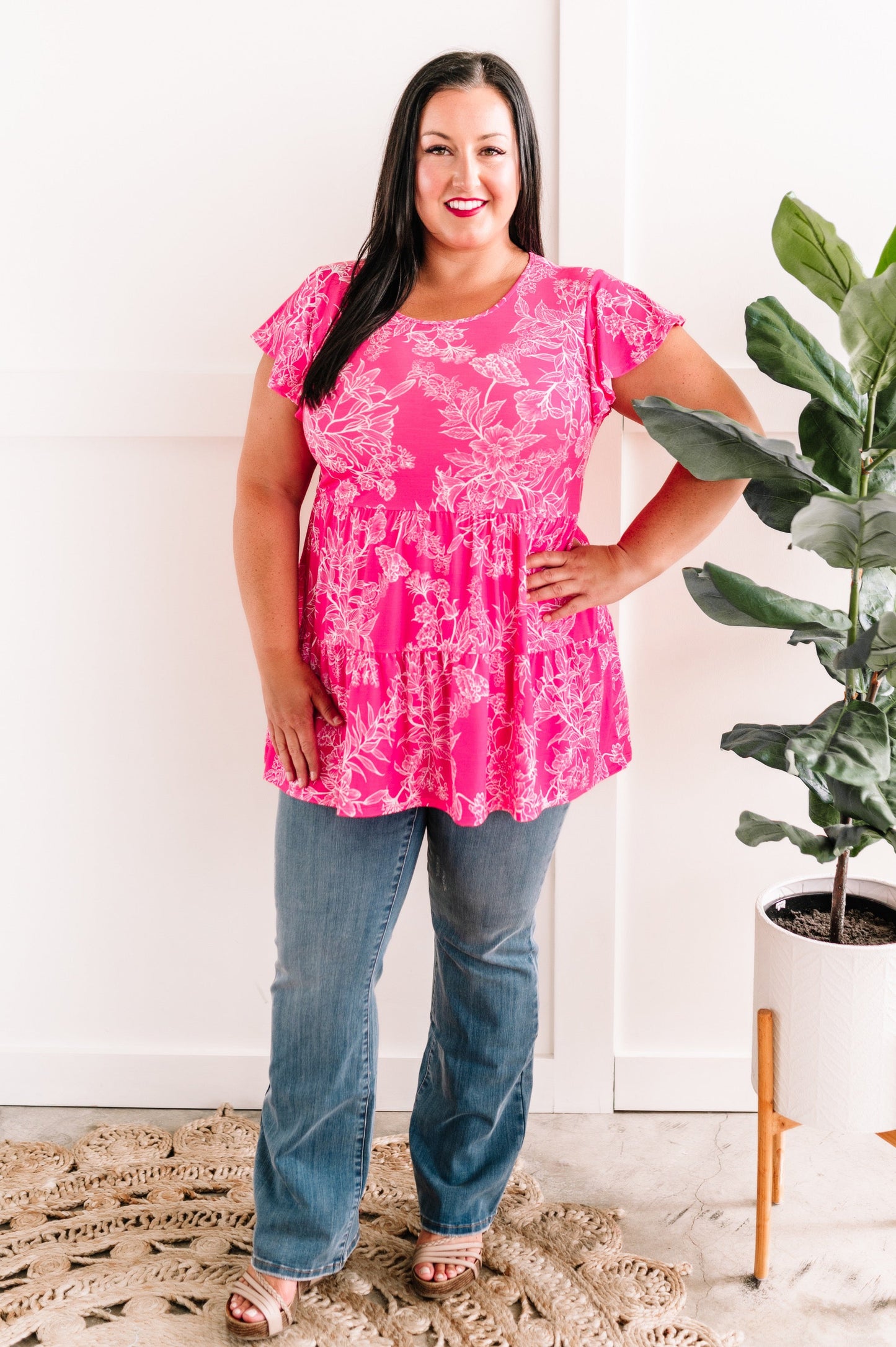 Tiered Tunic Top In Hot Pink Florals