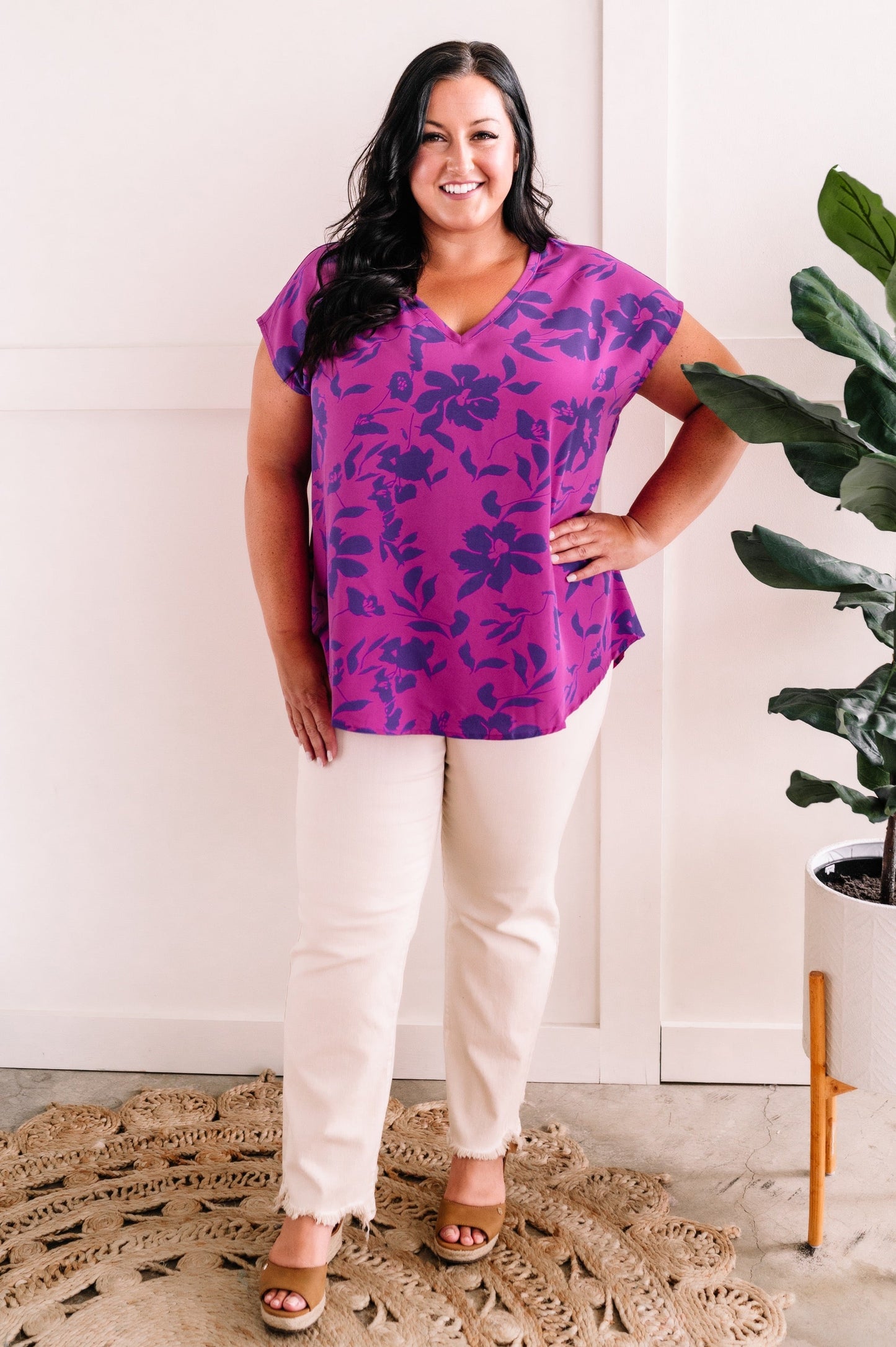 V Neck Blouse In Orchid & Royal Purple