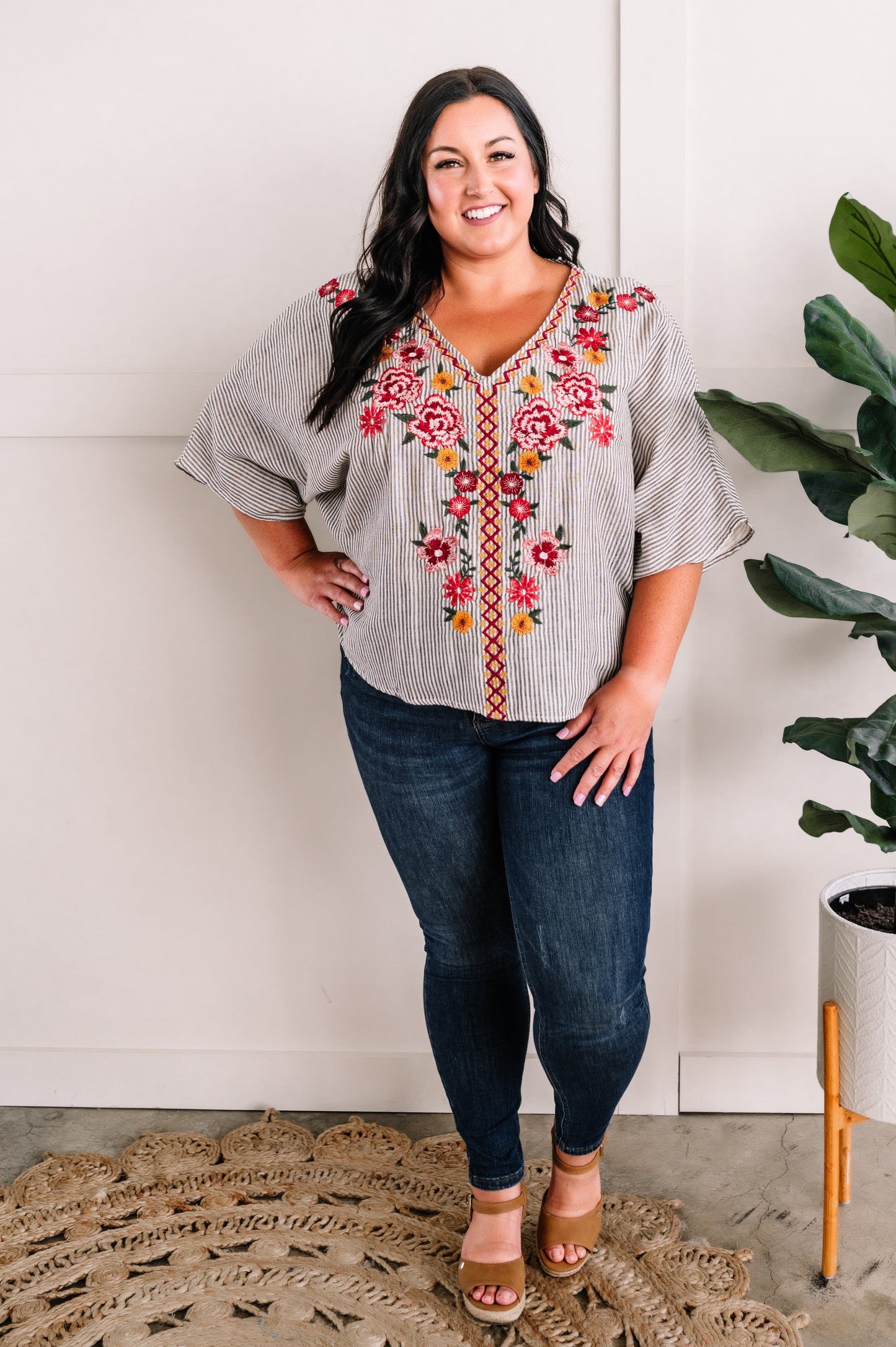 Savanna Jane Striped Blouse With Floral Embroidery