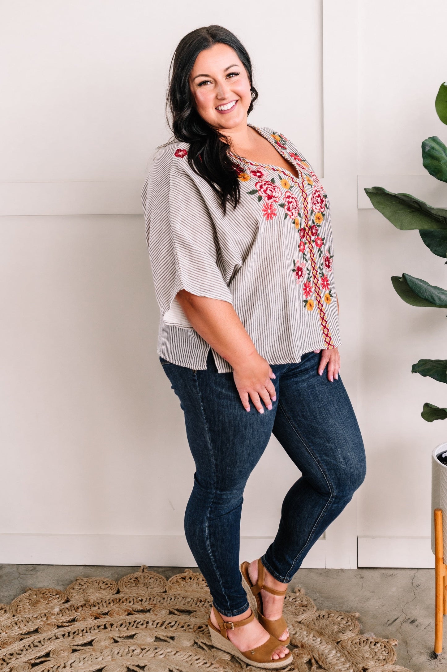 Savanna Jane Striped Blouse With Floral Embroidery