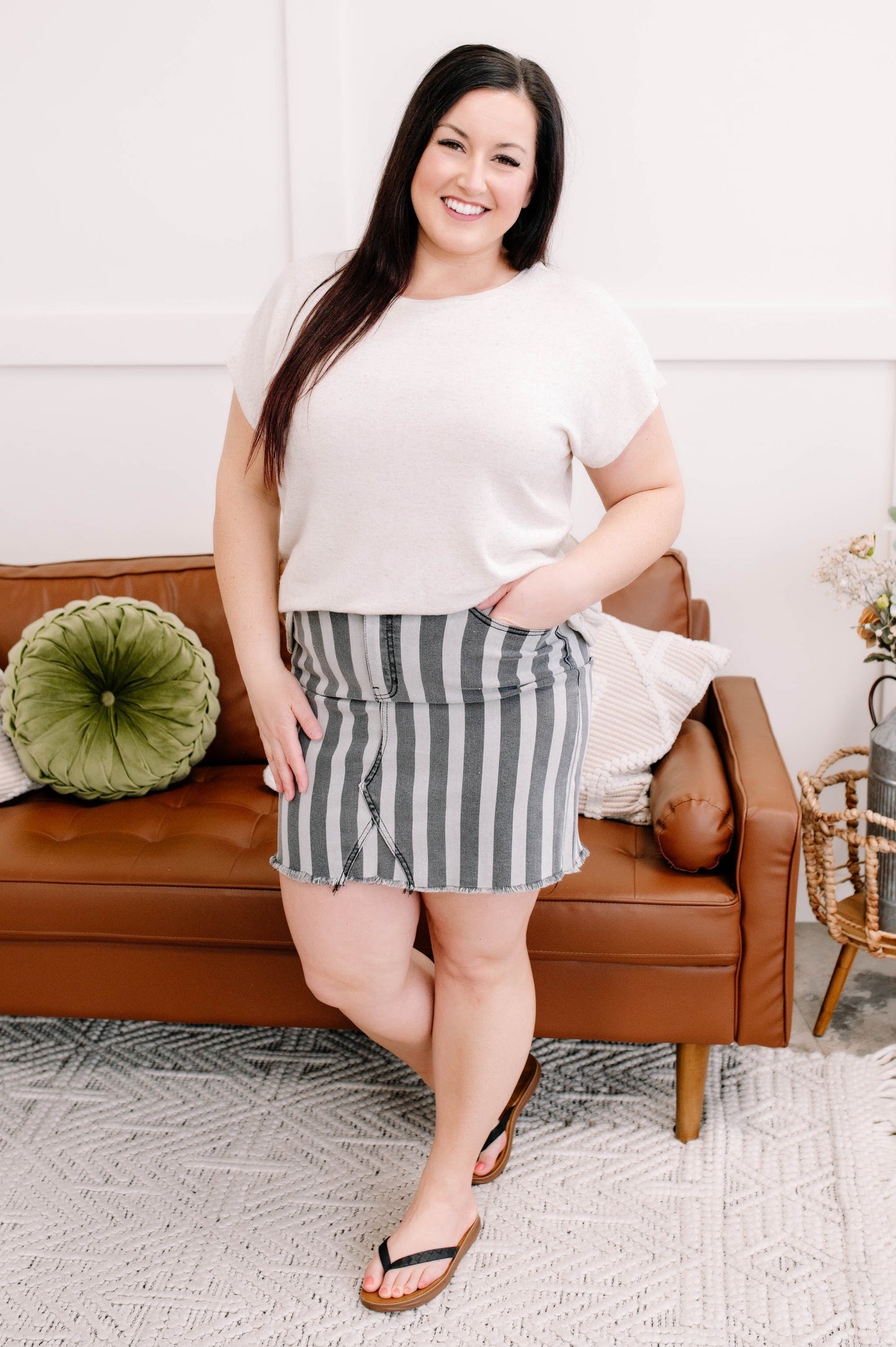Walk Along Striped Denim Skirt in Charcoal