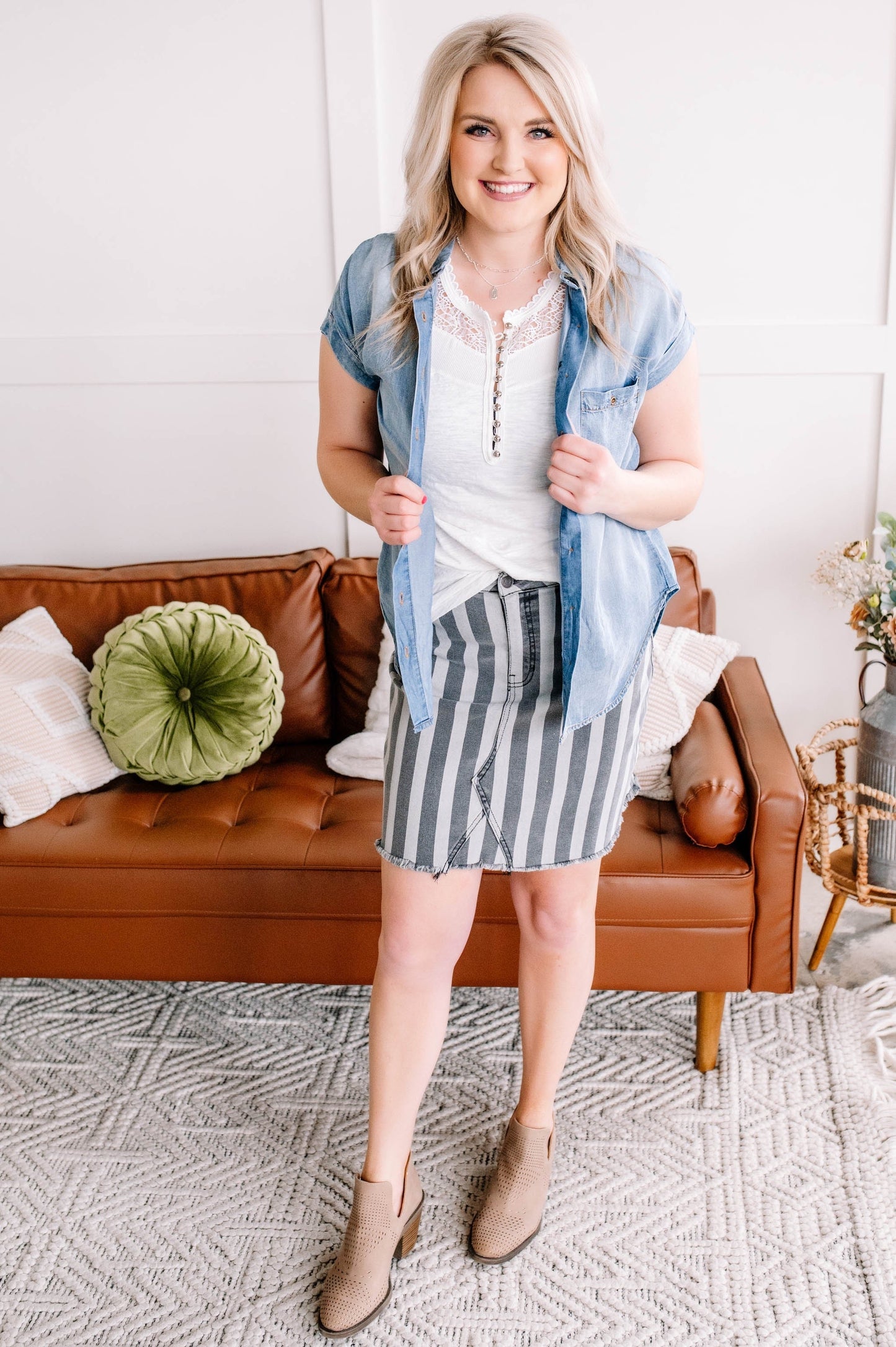 Walk Along Striped Denim Skirt in Charcoal