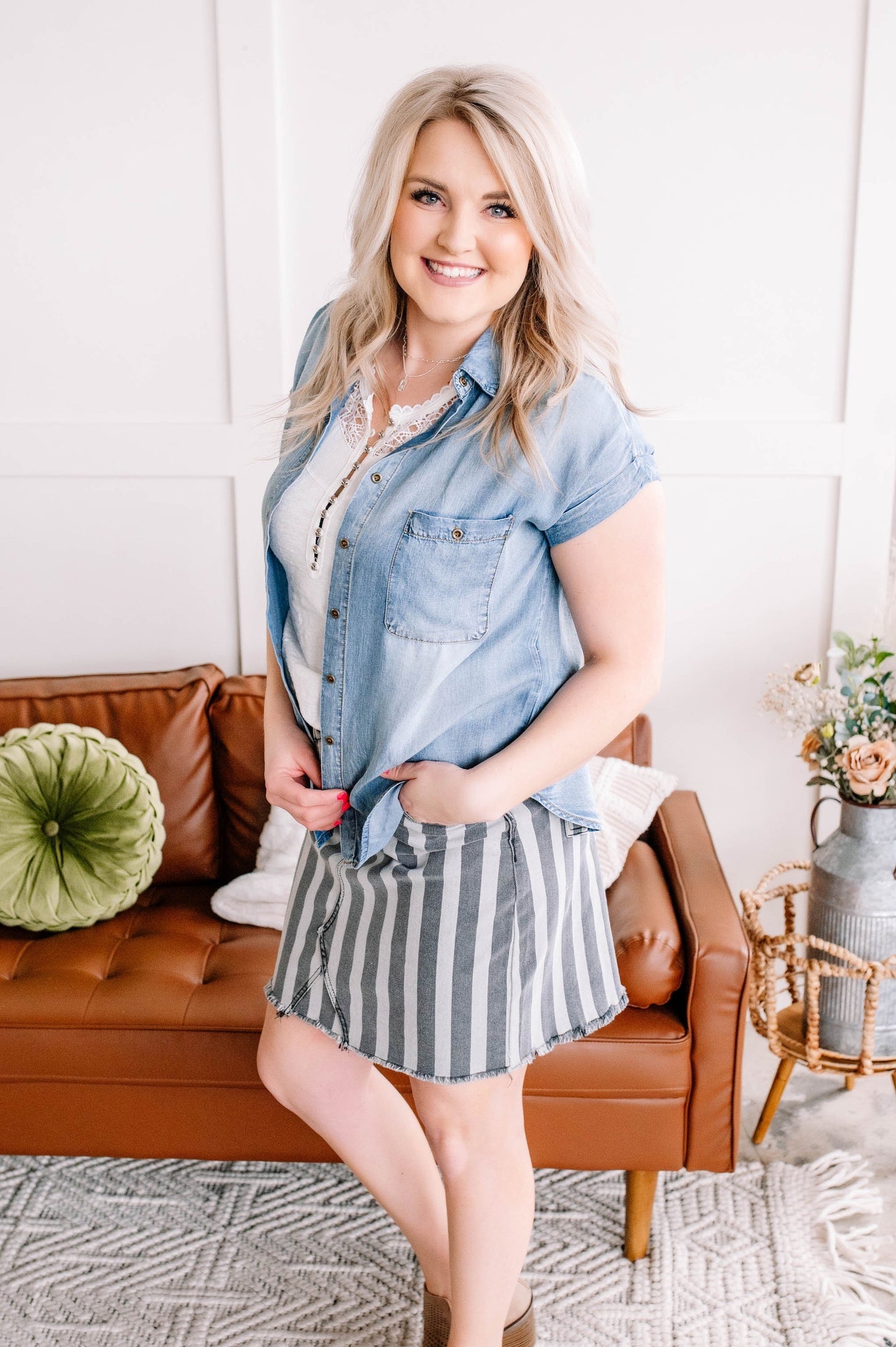 Walk Along Striped Denim Skirt in Charcoal