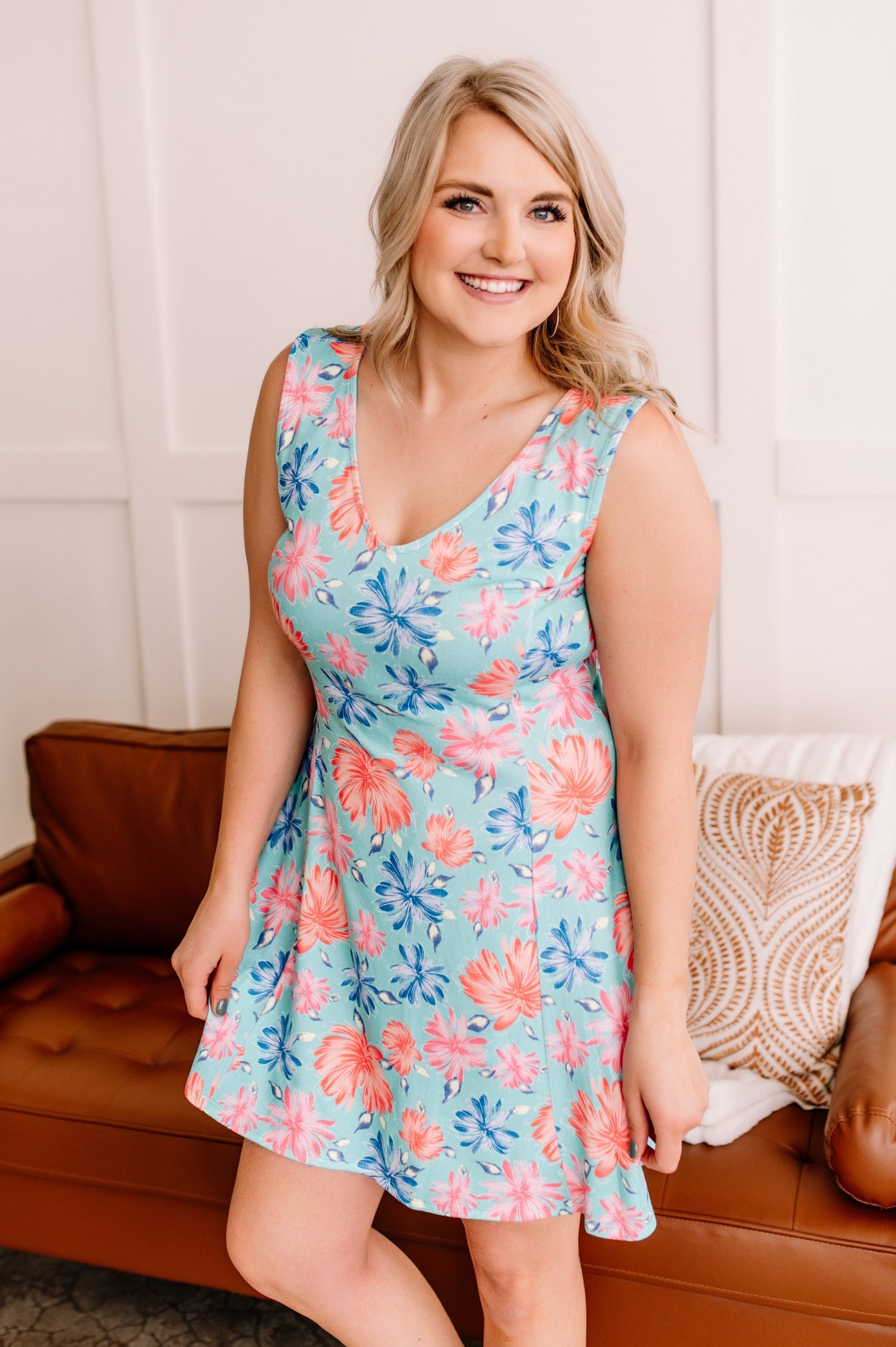 Sleeveless A-Line Dress in Beachy Florals