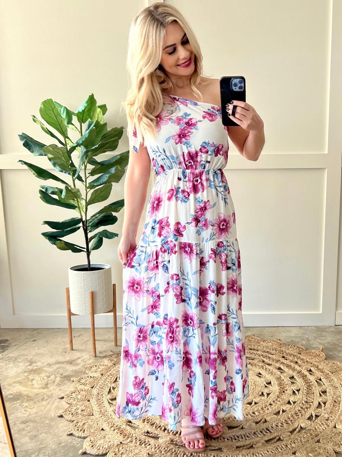Ribbon Tie Tiered Dress in Purple Florals