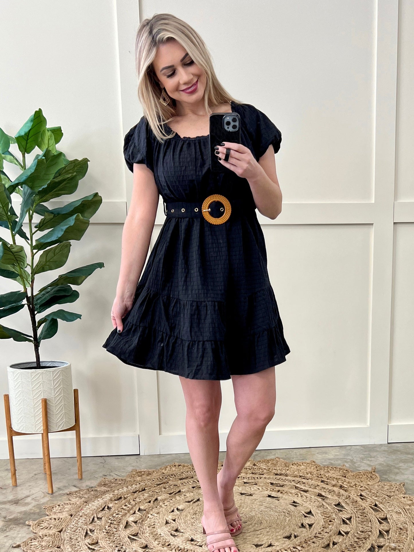 Puff Sleeve Belted Tiered Dress In Black
