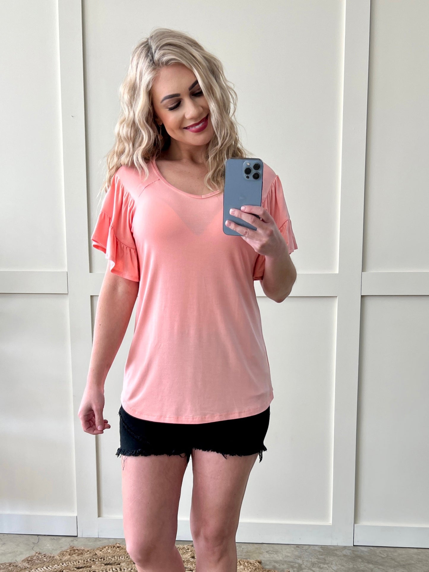 Ruffle Sleeve Tiered Top In Soft Coral Pink