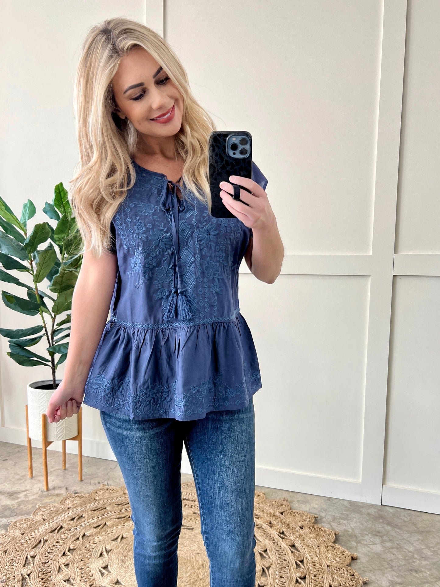 Savanna Jane Embroidered Tie Front Blouse In Blue