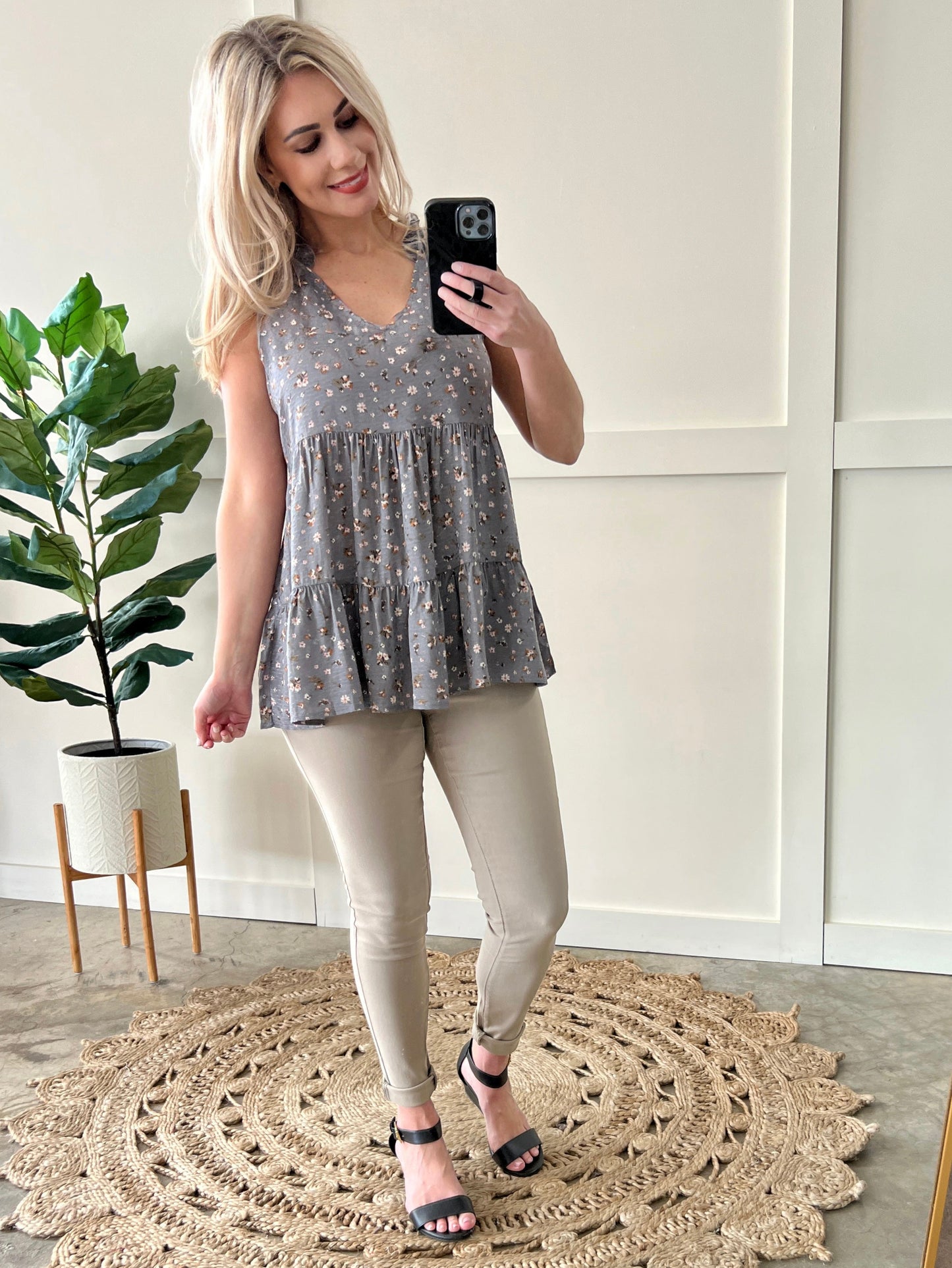 Slate Floral Sleeveless Babydoll Blouse Top
