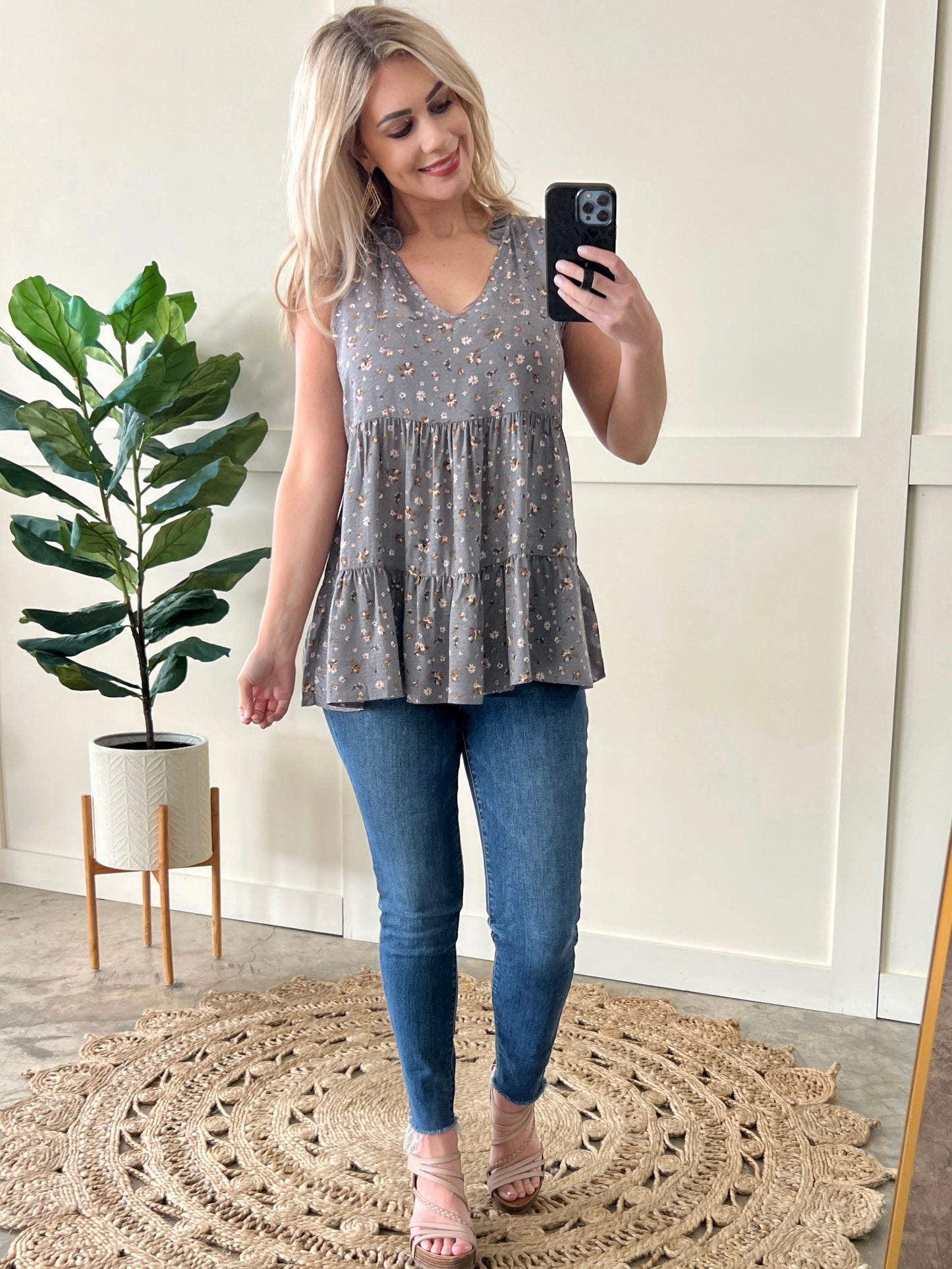 Slate Floral Sleeveless Babydoll Blouse Top
