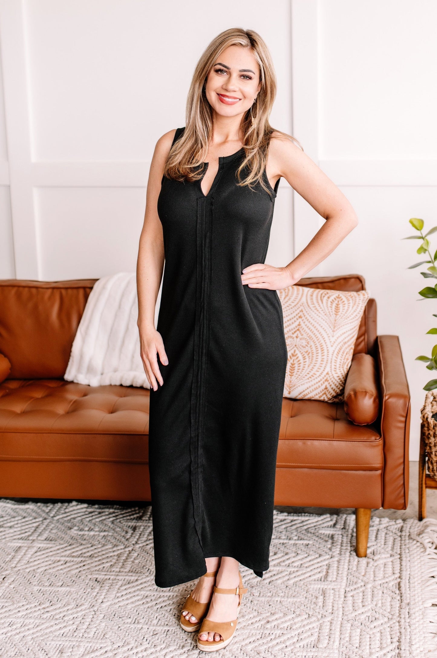 Textured Knit Side Slit Maxi Dress in Black