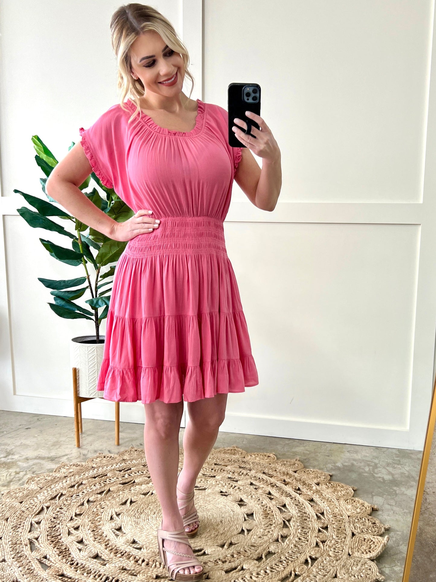 Smocked Tiered Dress In Pink Taffy *REGULAR SIZES ONLY*