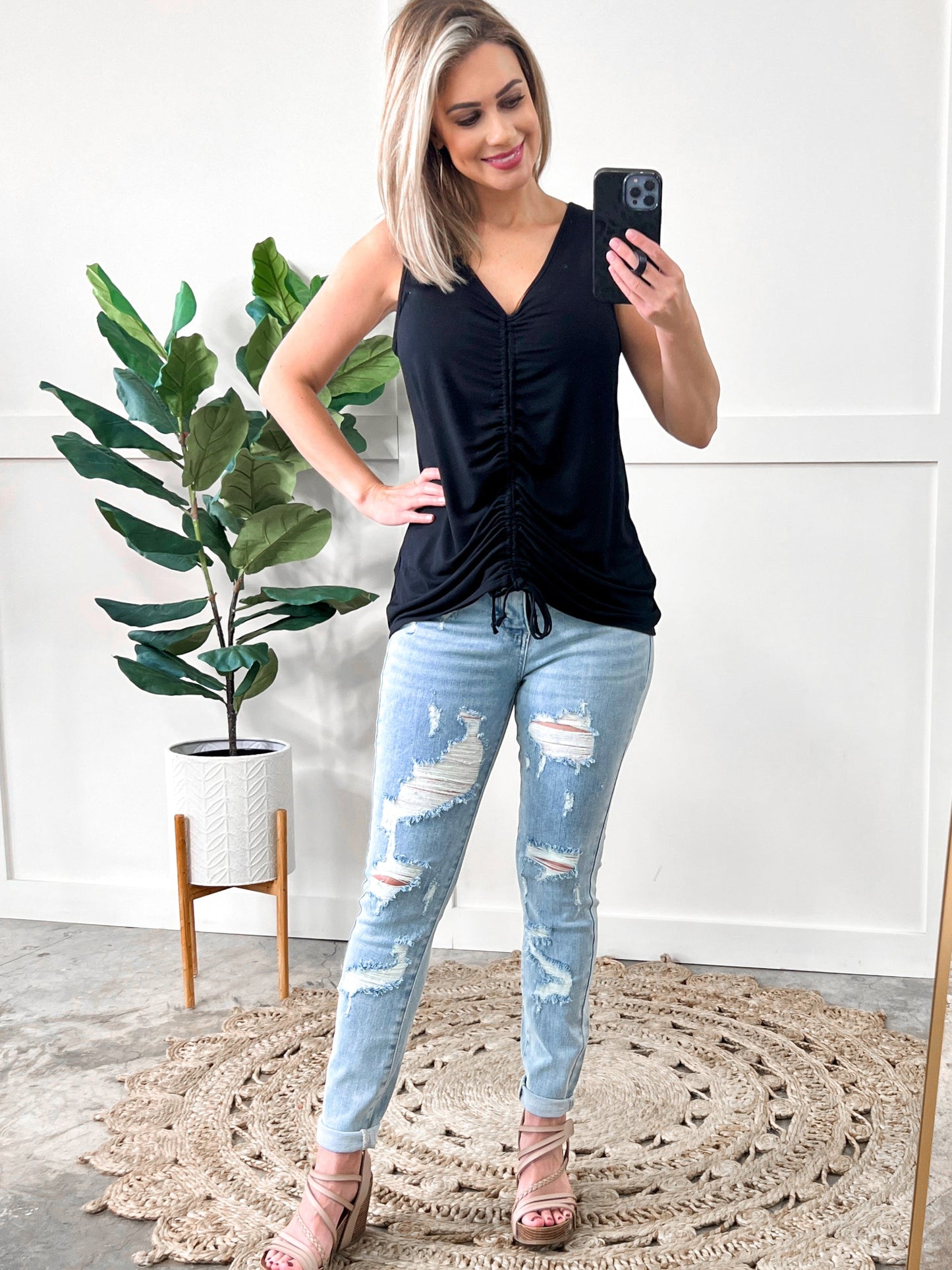 Together At Last Ruched Front Top In Black