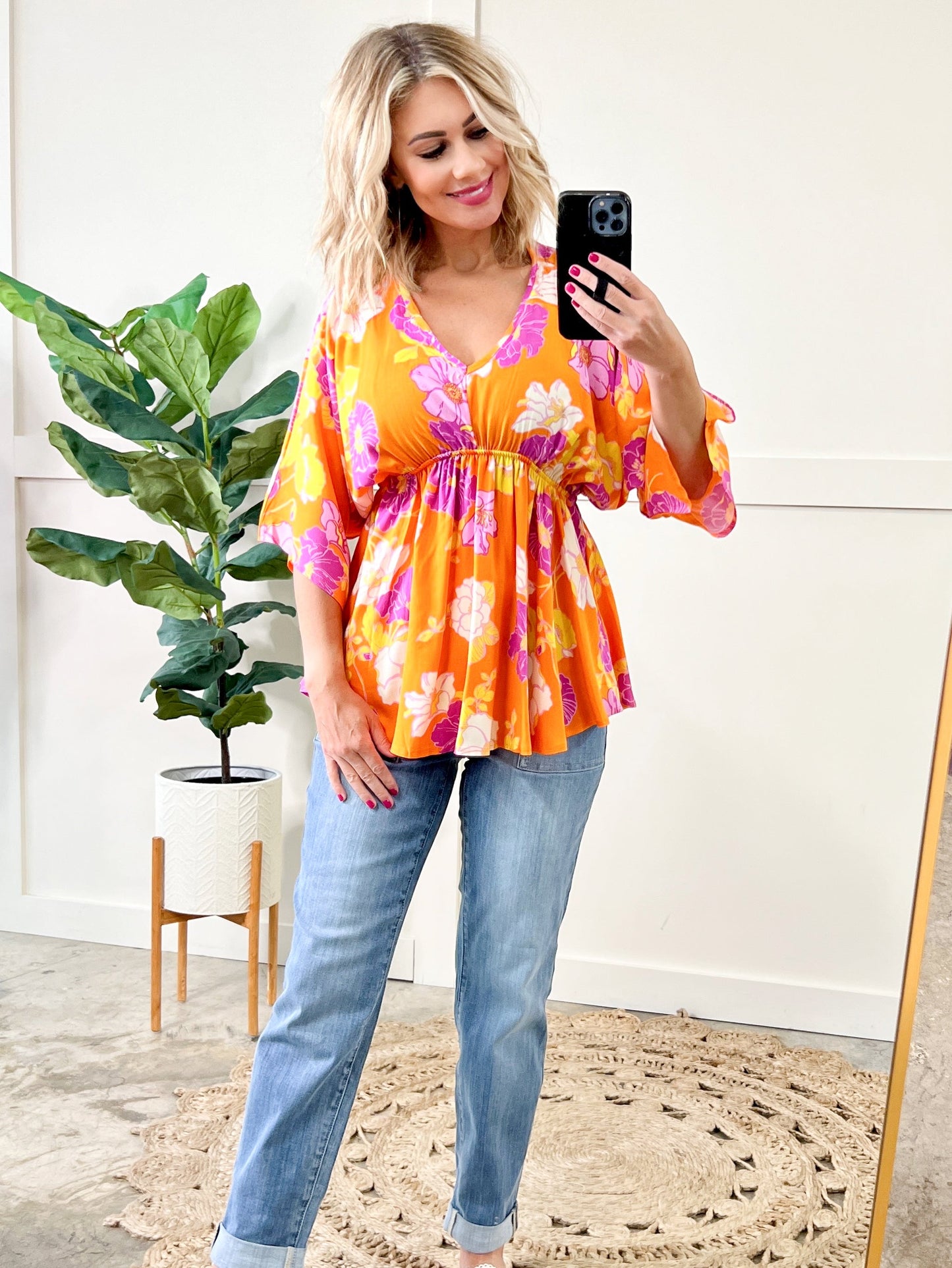 Tropical Orange Floral Dolman Sleeve Blouse