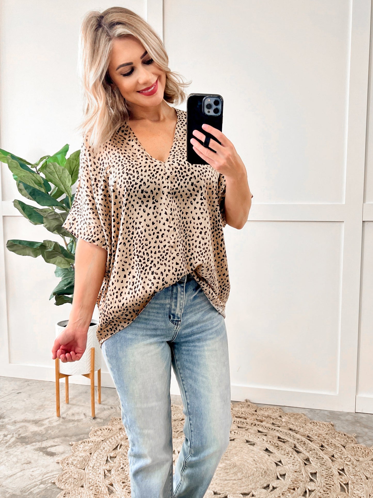 Silky V Neck Blouse In Animal Print