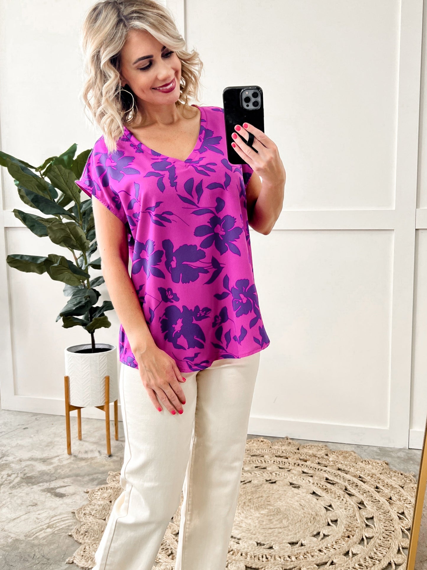 V Neck Blouse In Orchid & Royal Purple