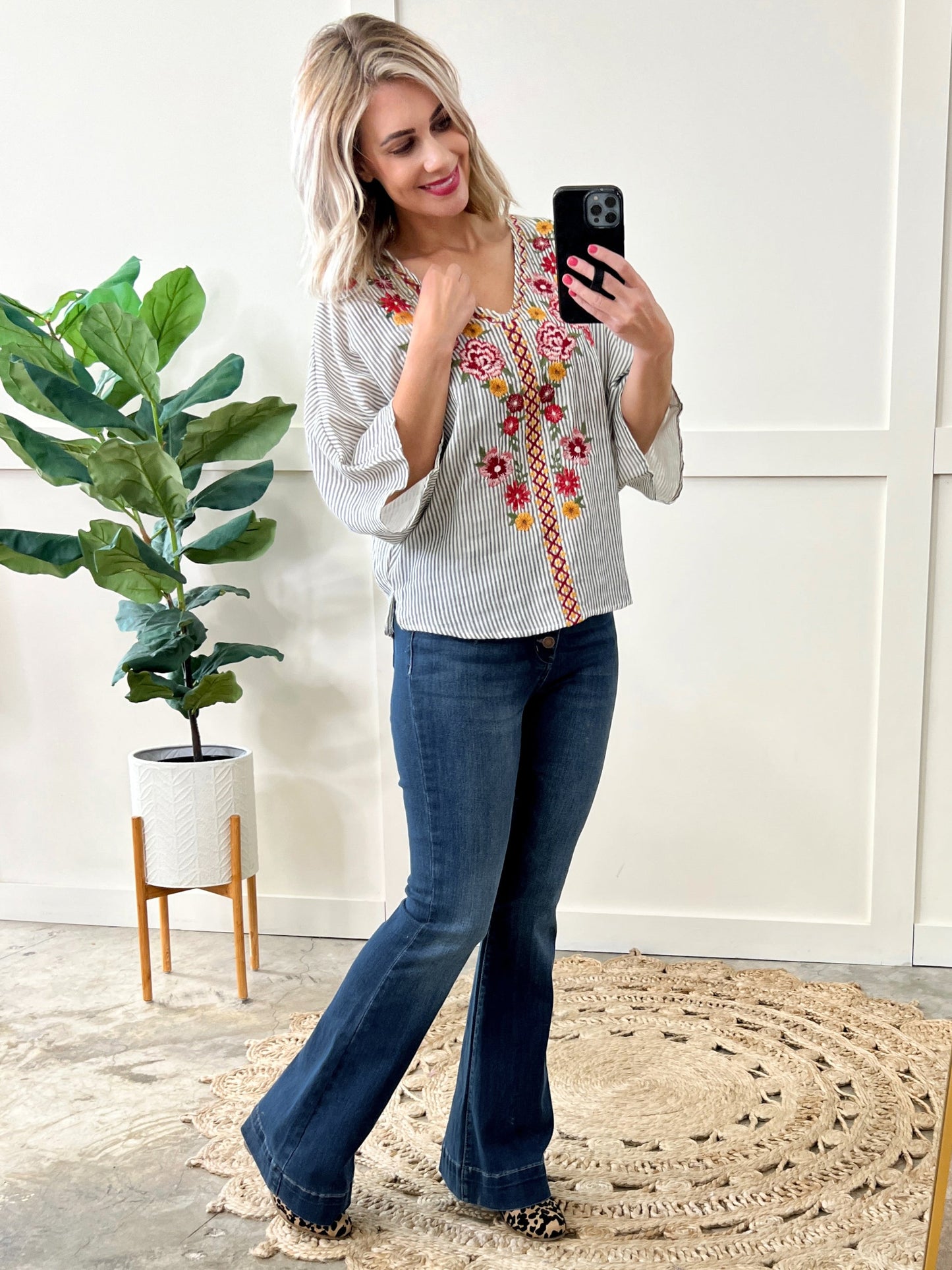 Savanna Jane Striped Blouse With Floral Embroidery