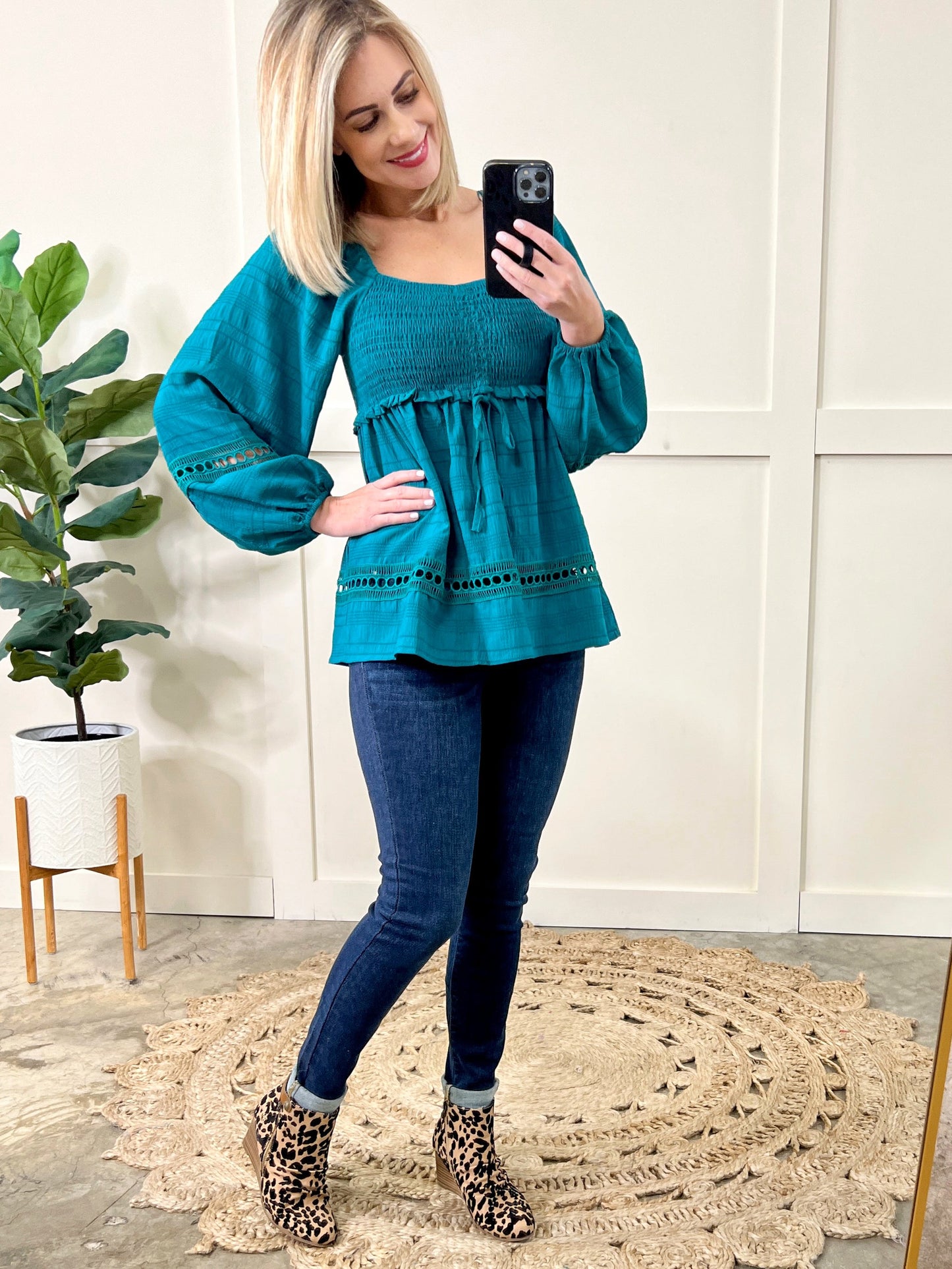 Smocked Blouse In Spanish Turquoise