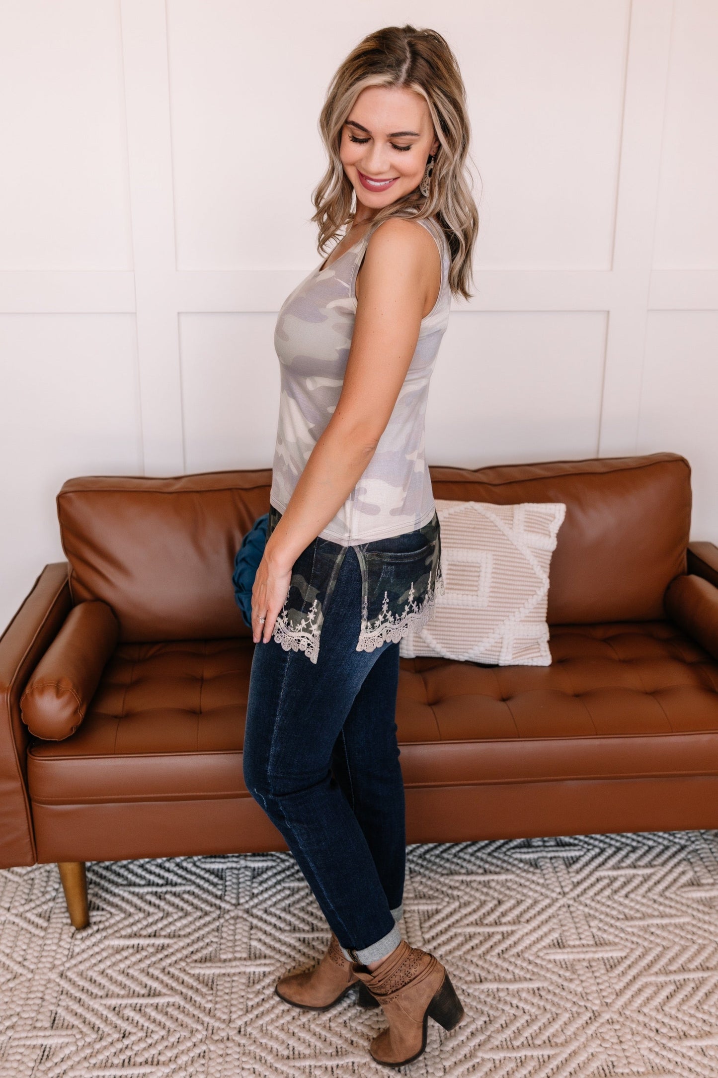 Spread Your Wings Sleeveless Top In Camo With Lace Detail