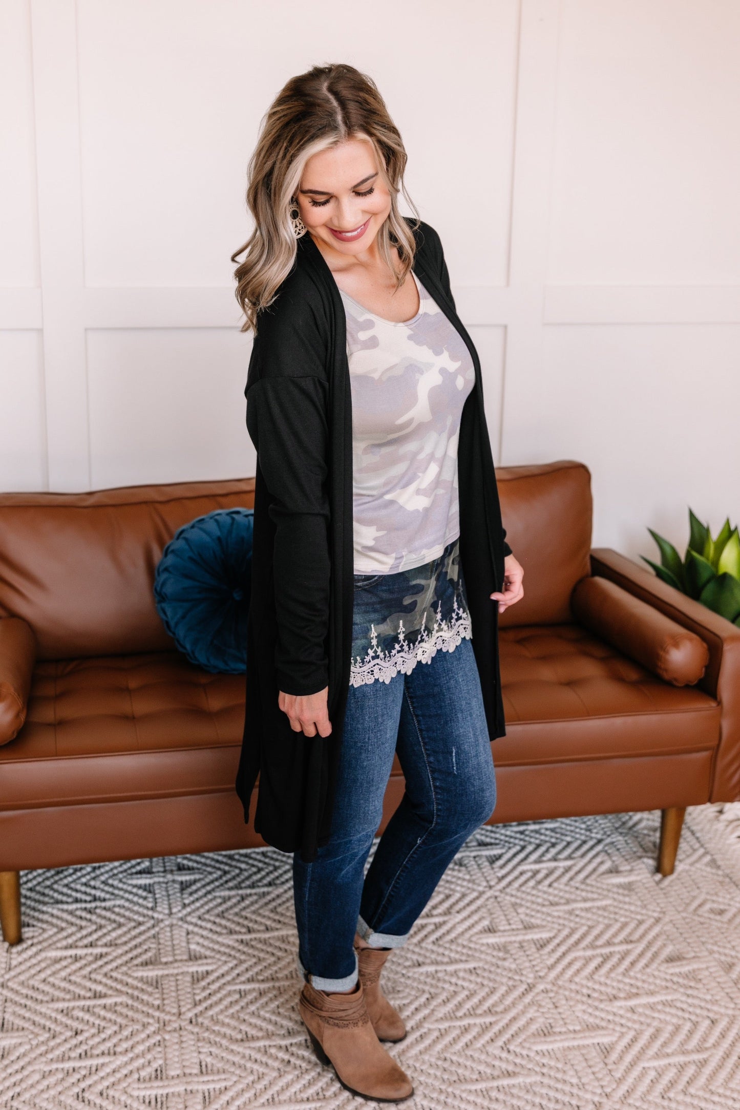 Spread Your Wings Sleeveless Top In Camo With Lace Detail