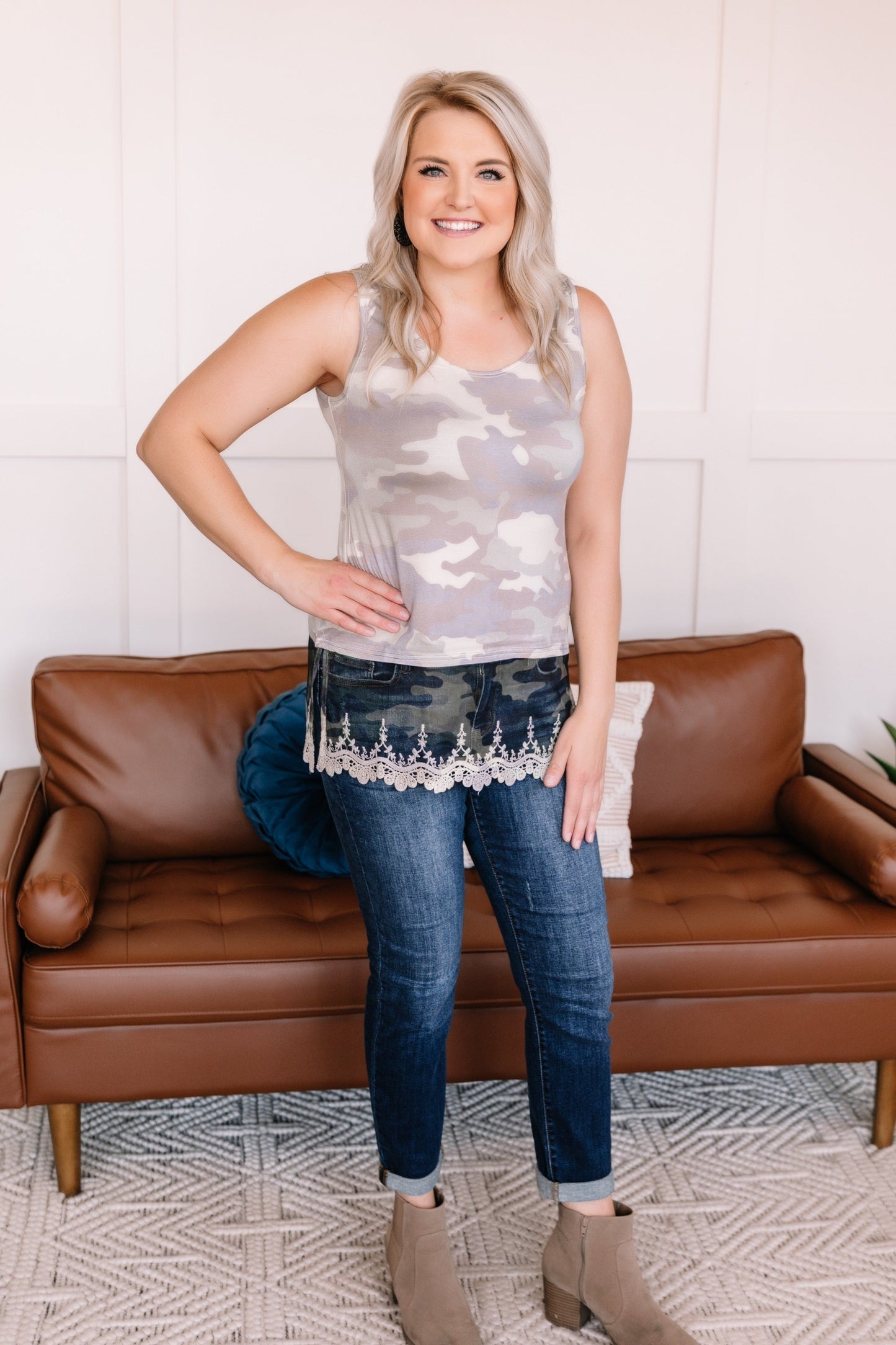 Spread Your Wings Sleeveless Top In Camo With Lace Detail