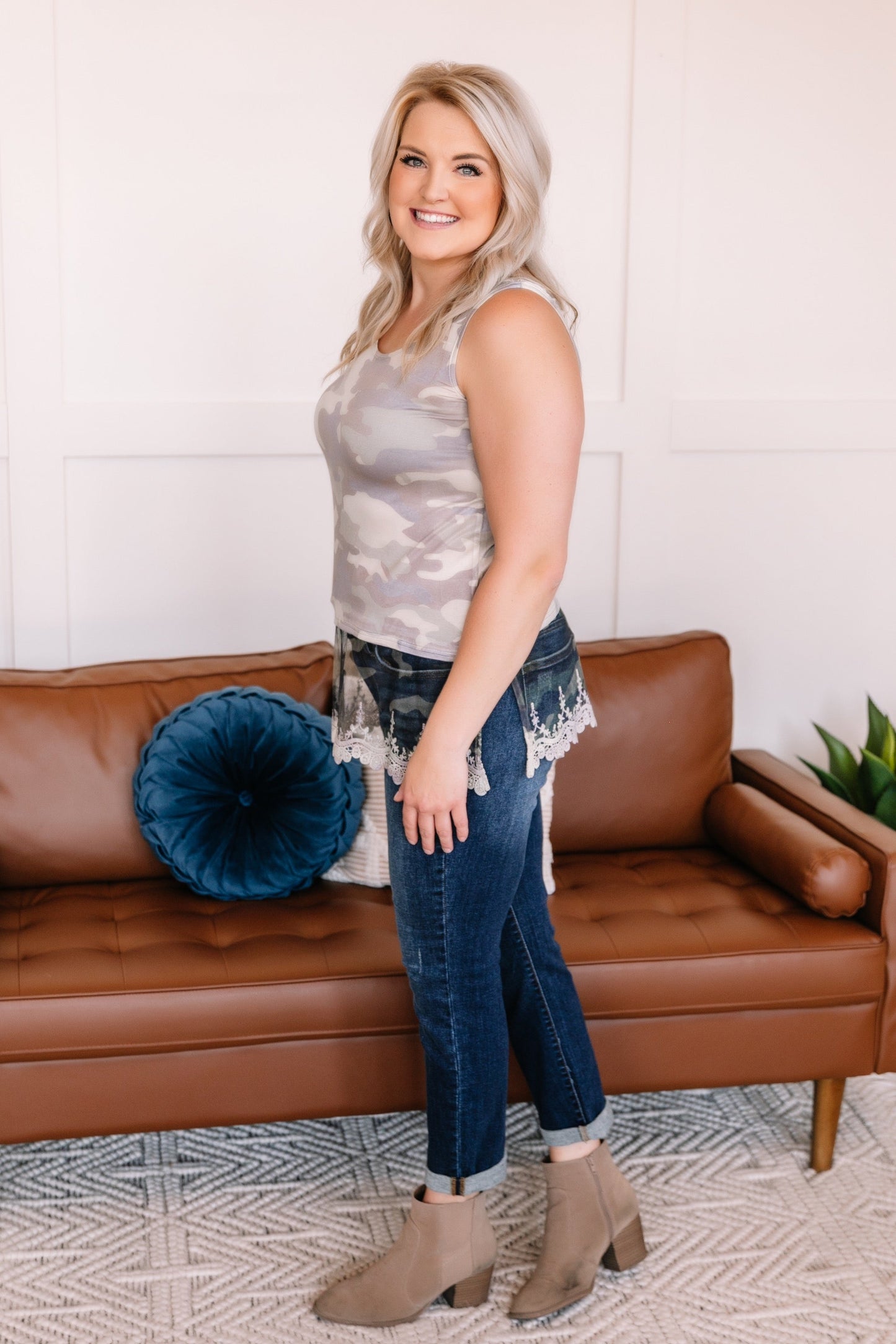Spread Your Wings Sleeveless Top In Camo With Lace Detail