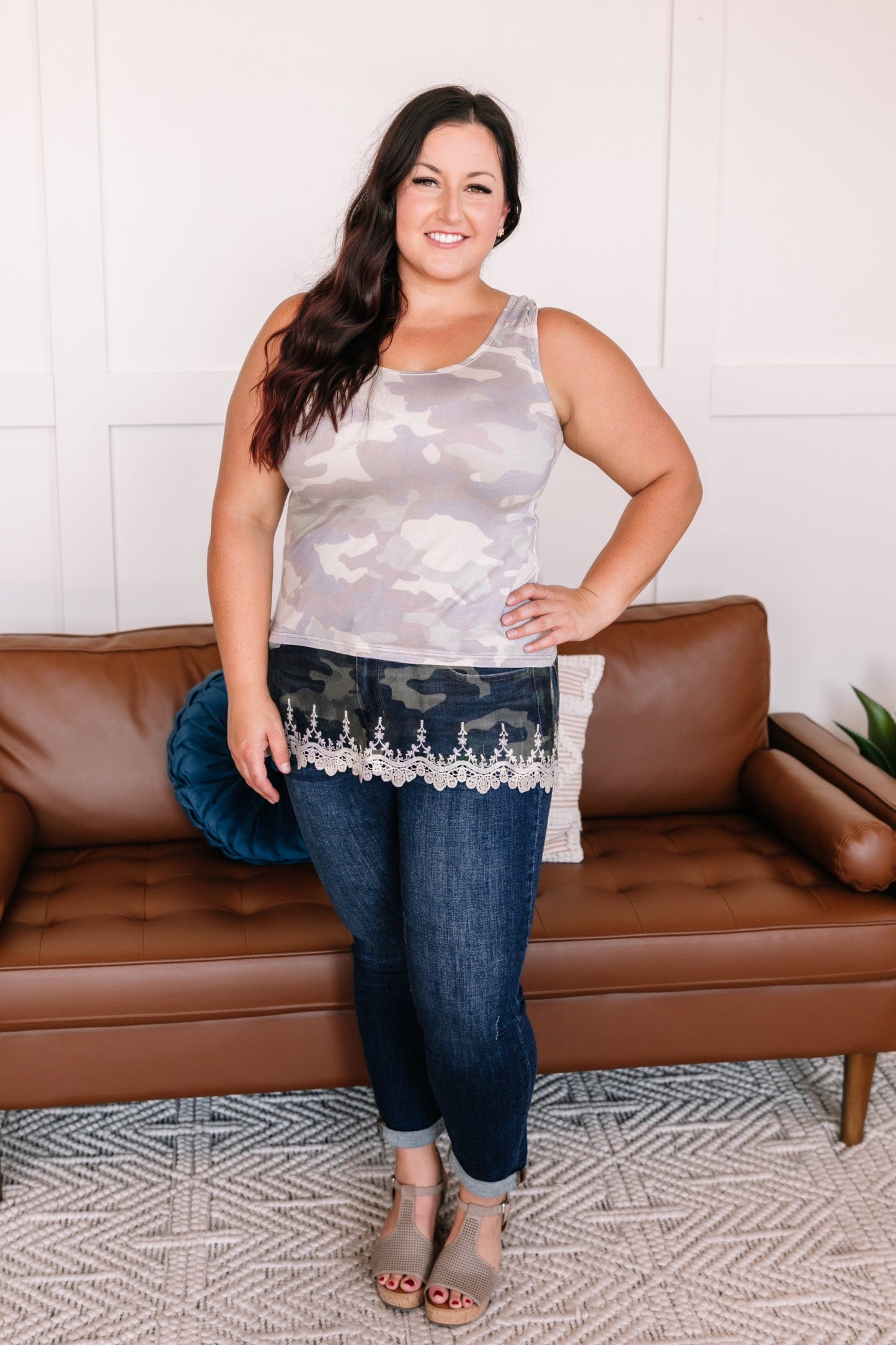 Spread Your Wings Sleeveless Top In Camo With Lace Detail