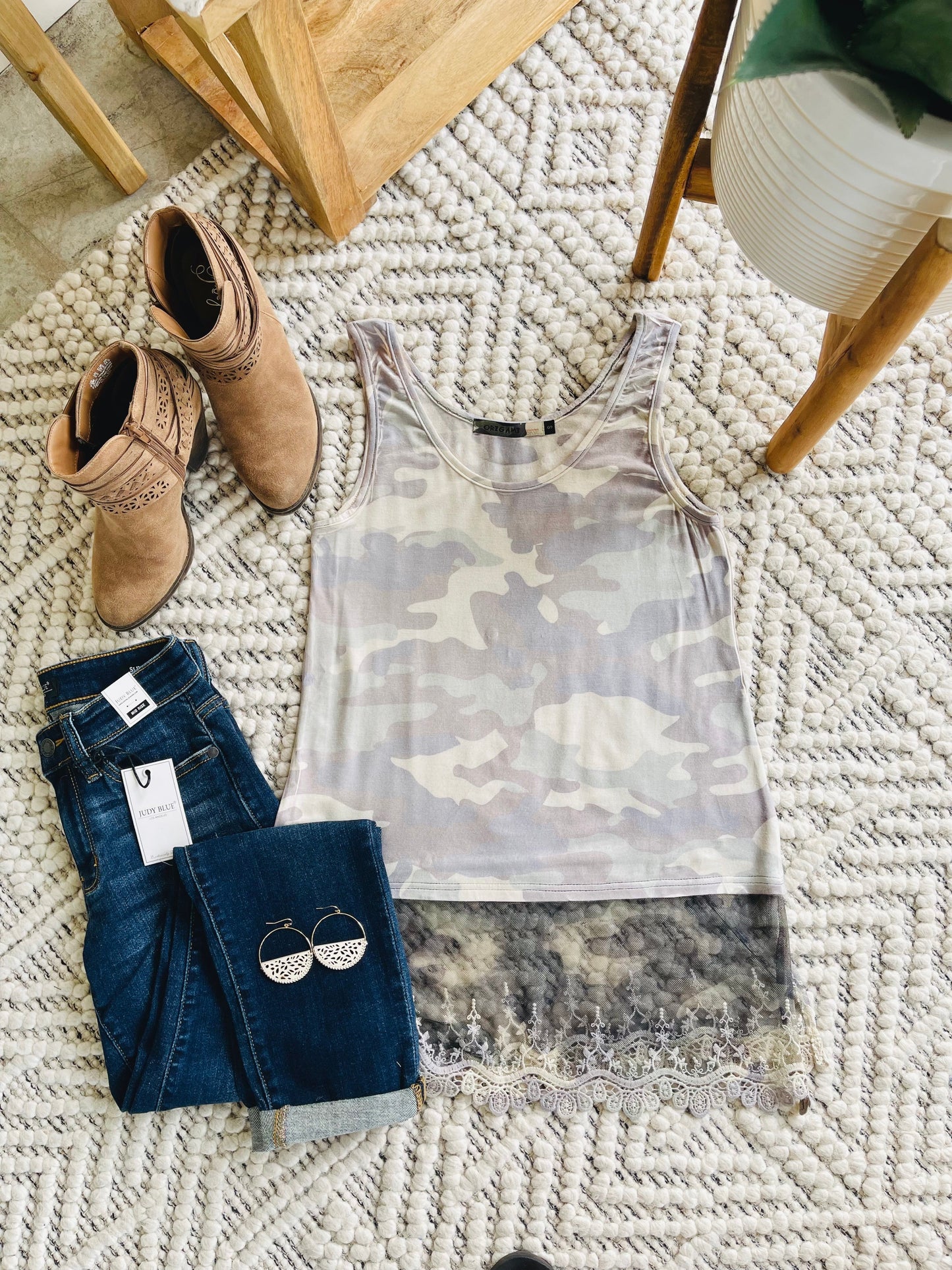 Spread Your Wings Sleeveless Top In Camo With Lace Detail