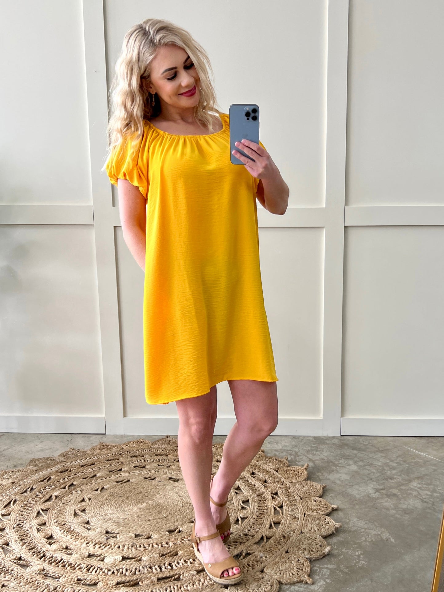 Sunshine Yellow Balloon Sleeve Lined Dress