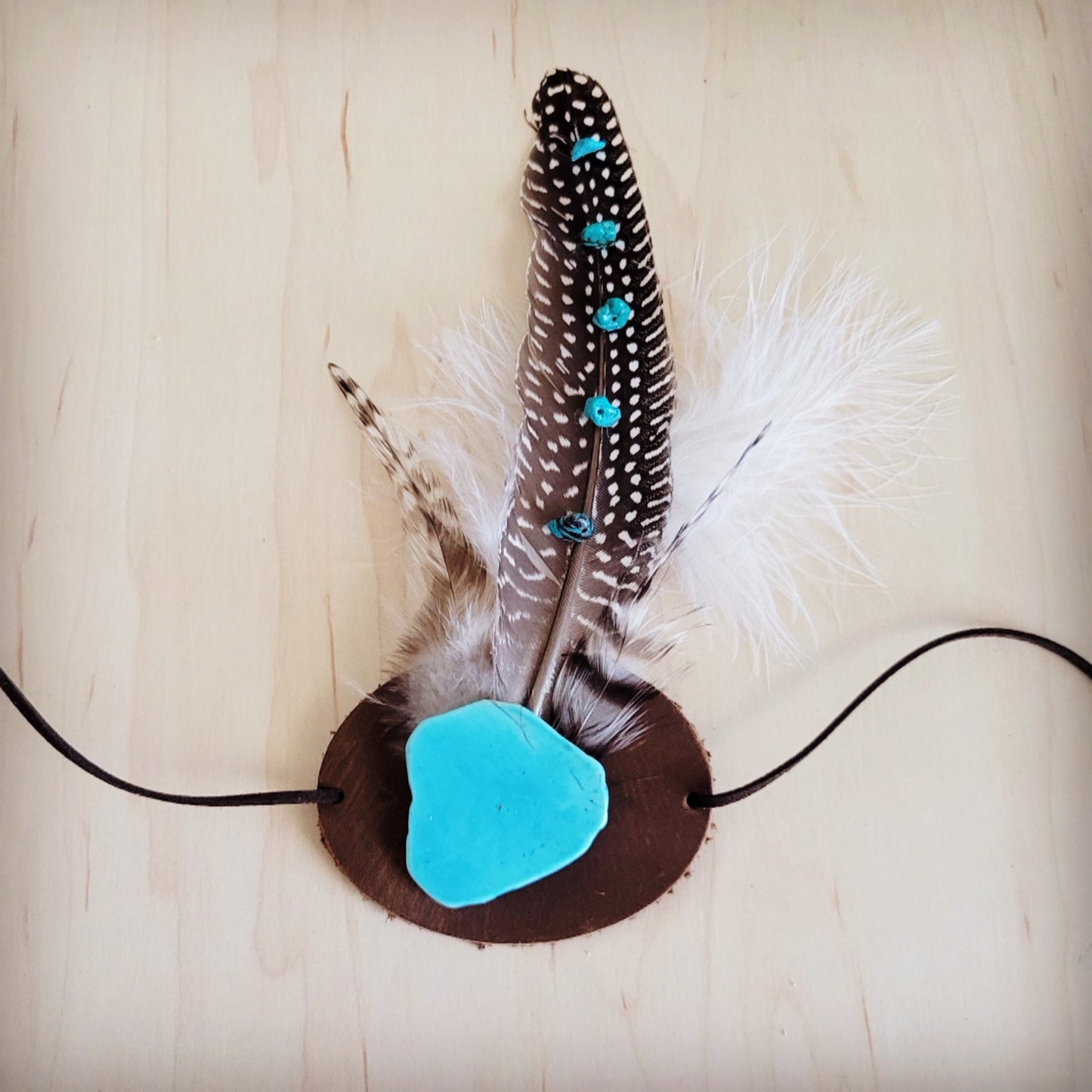 Turquoise Accent Guinea Feather & Leather Hat Band Only 952e