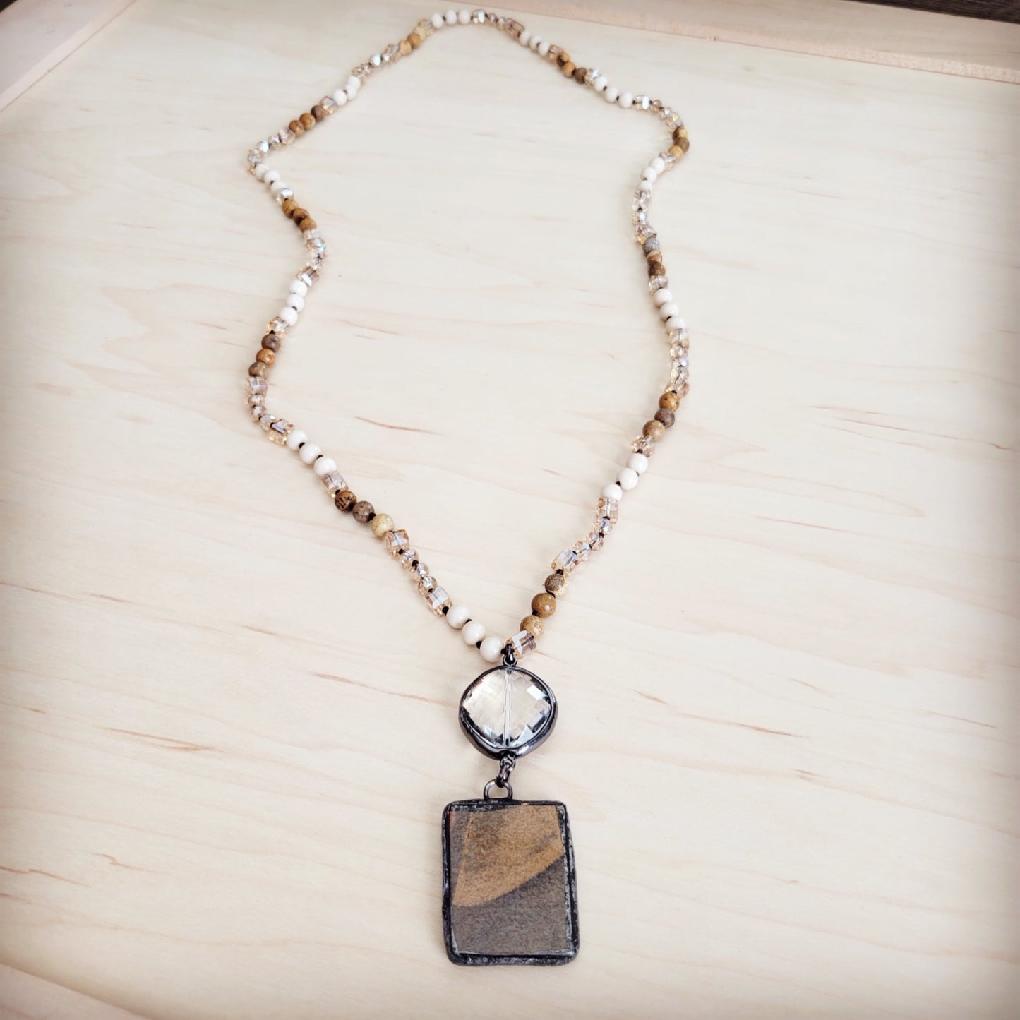 **Picture Jasper & Crystal Long Beaded Necklace w/ Jasper Pendant 262t