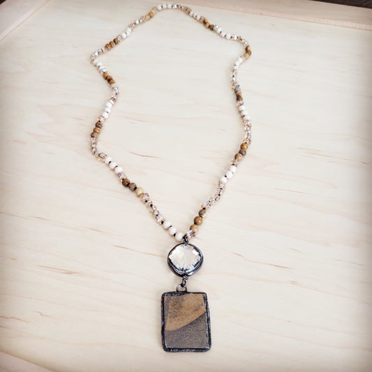 **Picture Jasper & Crystal Long Beaded Necklace w/ Jasper Pendant 262t