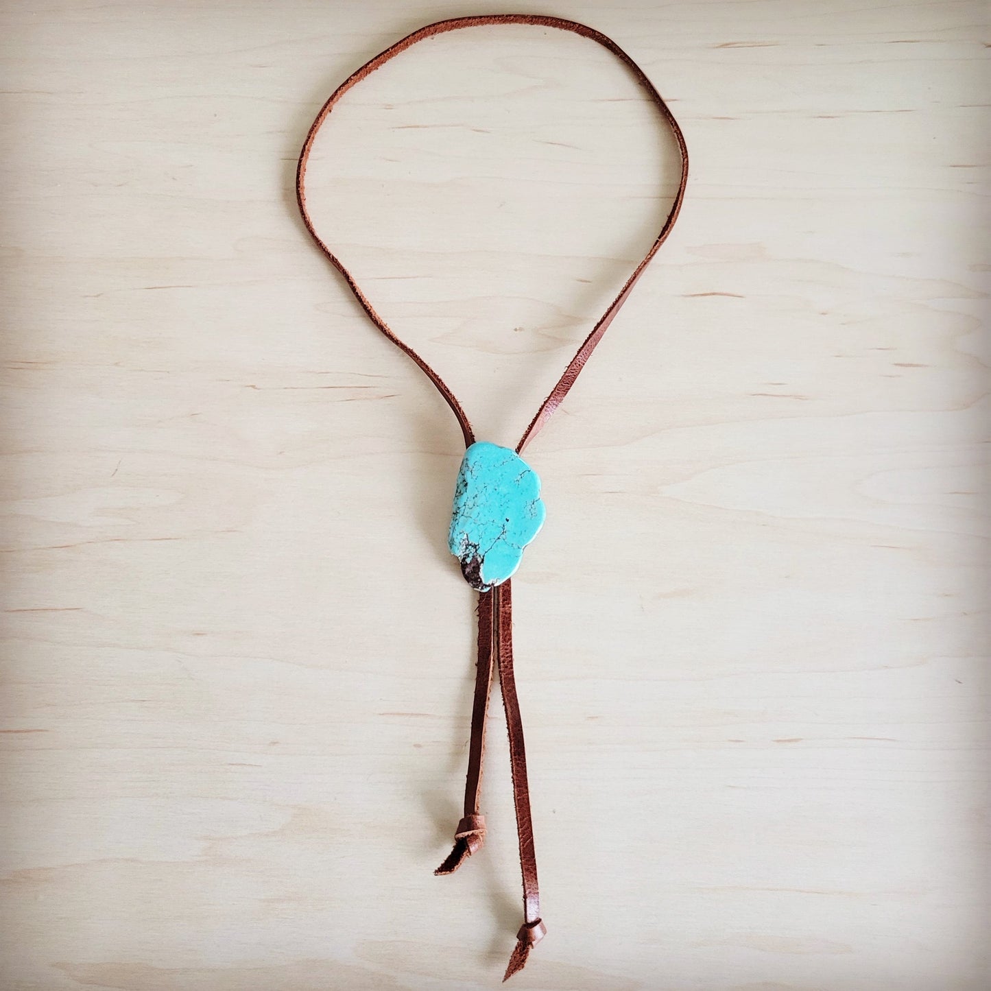Leather Lariat Boho Necklace w/ Turquoise Slab Accent 263t