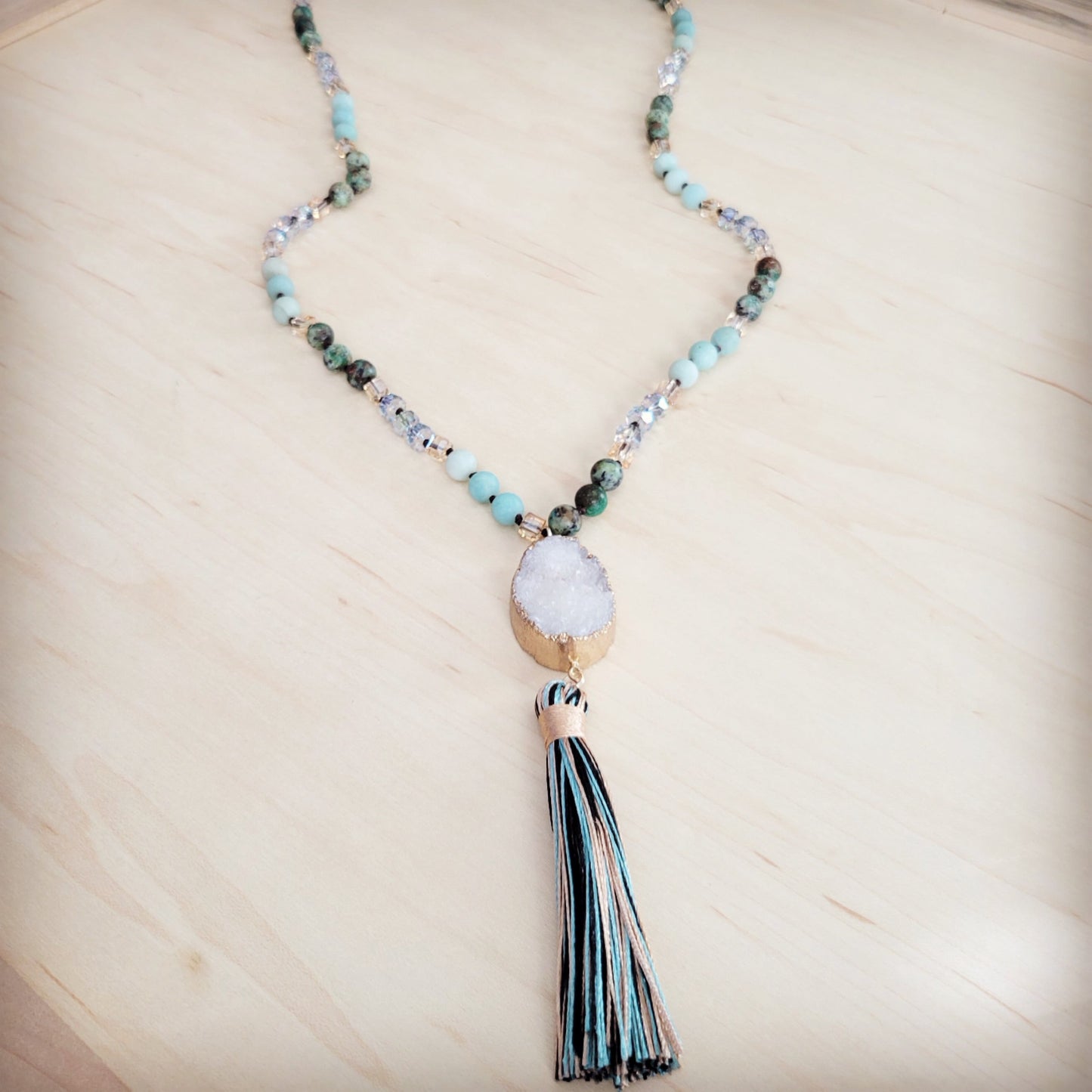 **Long Amazonite Necklace with Genuine White Druzy Pendant  262j