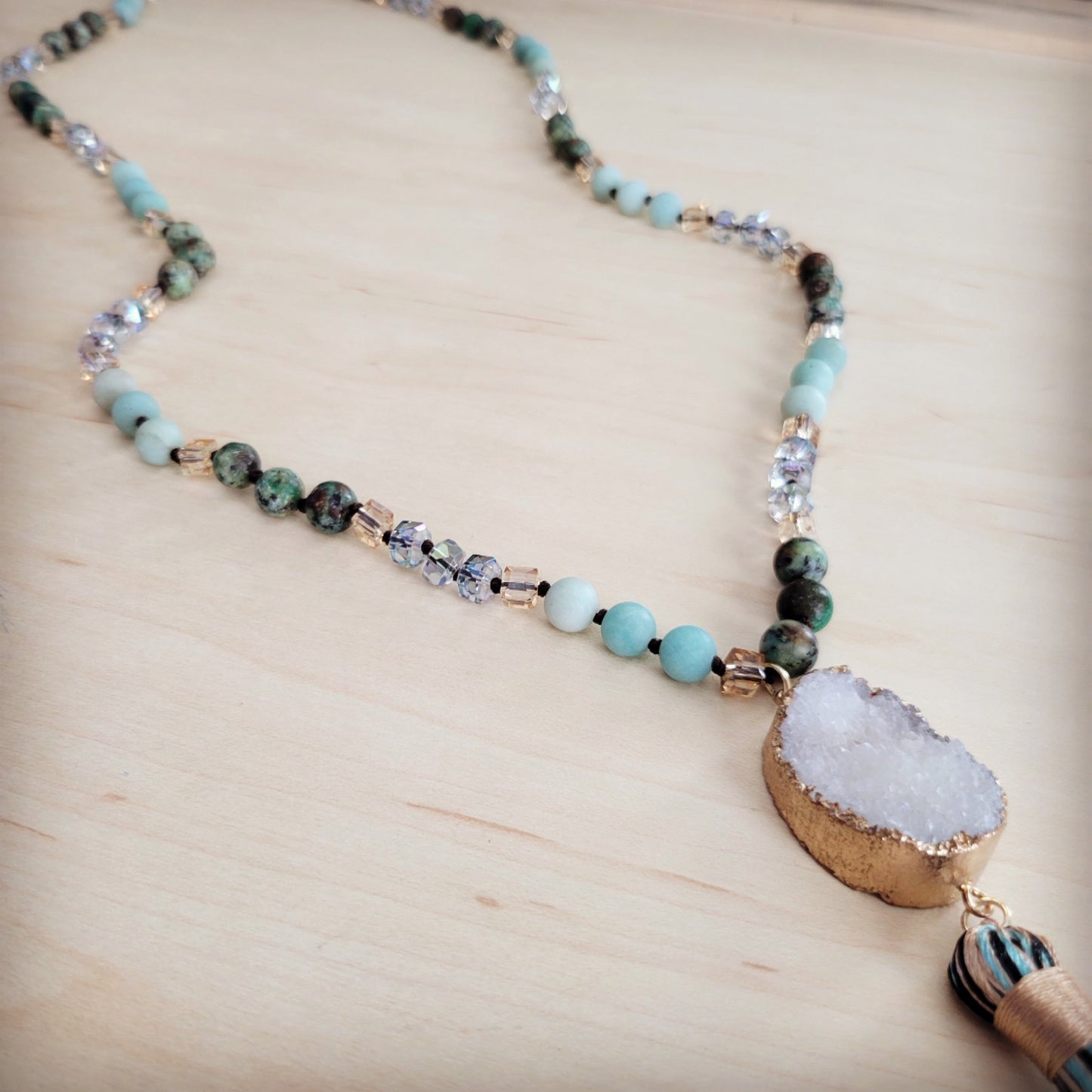 **Long Amazonite Necklace with Genuine White Druzy Pendant  262j