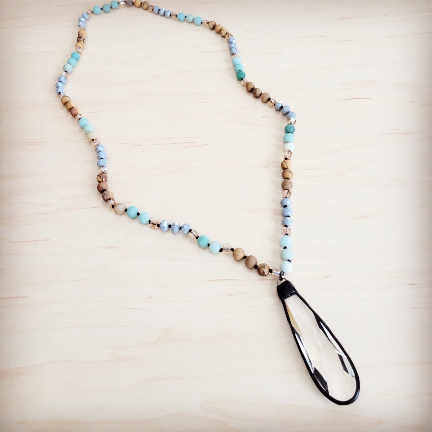 **Picture Jasper & Amazonite Long Beaded Necklace w/ Crystal Pendant 262r